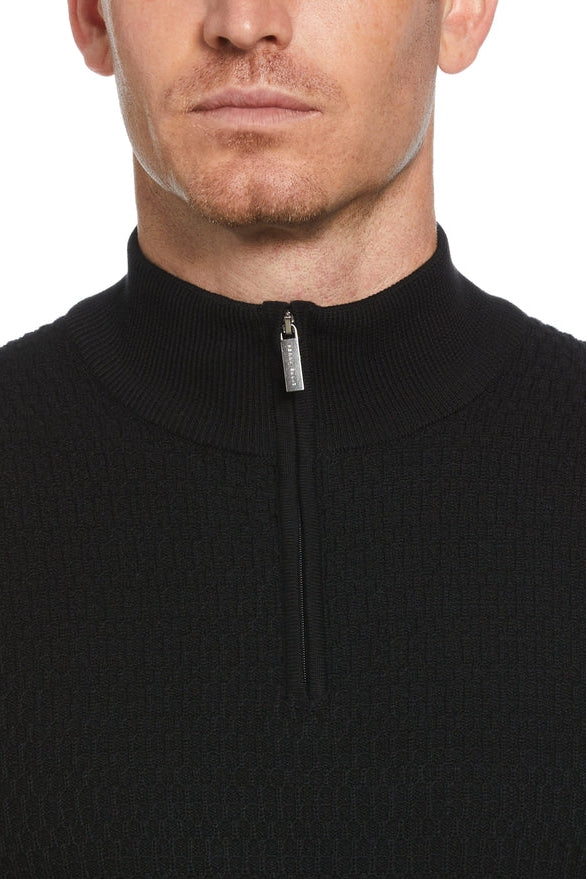 Perry Ellis Black Ribbed Textured Qtr Zip Pullover