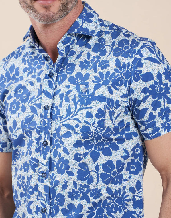 R2 Amsterdam Blue Floral Print Cotton Short Sleeve Shirt