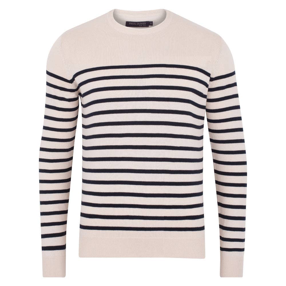 Faire,Paul James, Paul James Ivory/Navy Stripes Longsleeve Crewneck Sweater, Cream, Extra Large-49-TagXLLarge-42-TagLMedium-40-TagMMedium-41-TagMLarge-44-TagXL