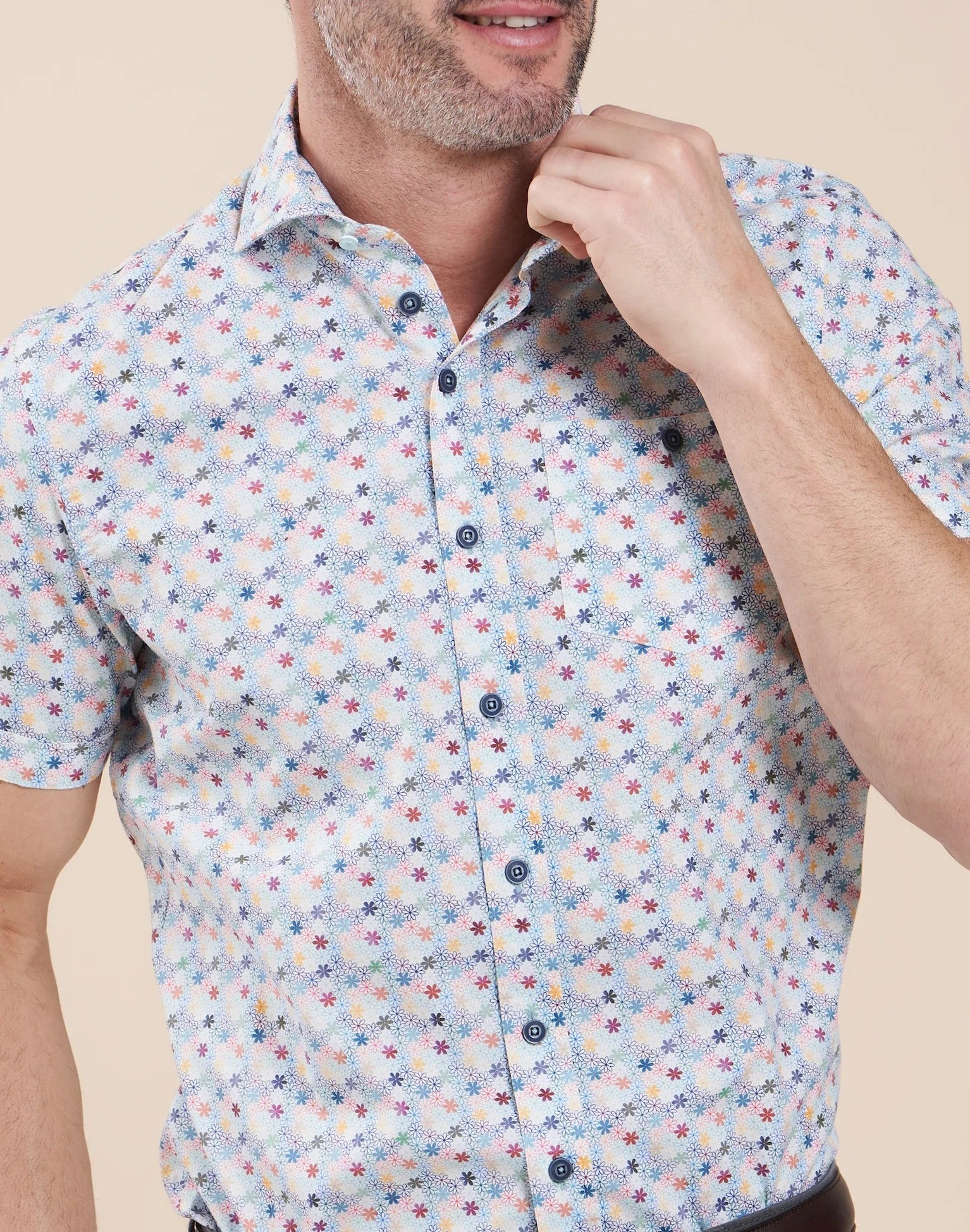Brand Partner,R2 Amsterdam, R2 Amsterdam Multi Floral Stretch Short Sleeve Shirt, Blue, Medium-42-Tag40