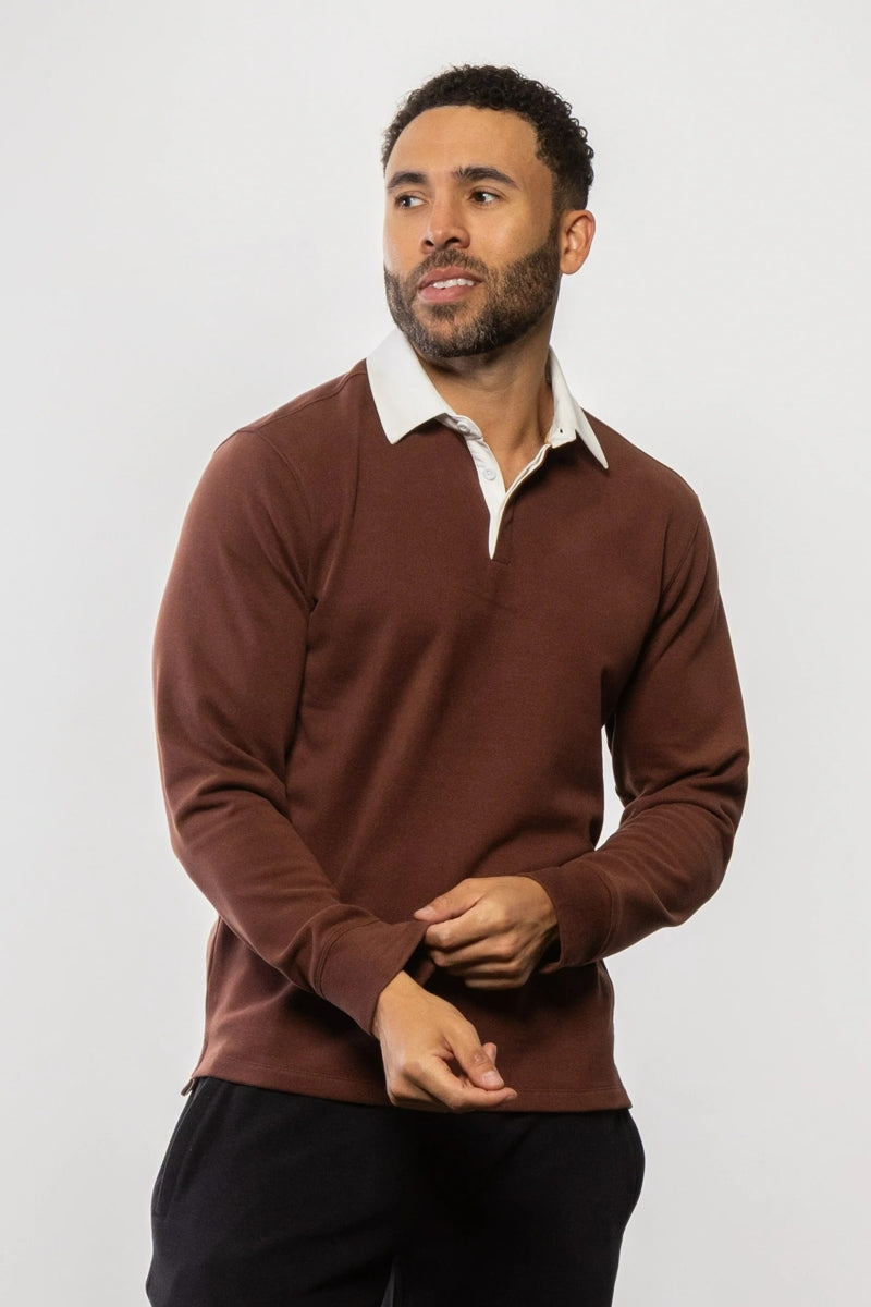 Wholesale,Mason Cruz, Mason Cruz Brown Solid Kint Long Sleeve Polo, Brown, Large-46-TagL