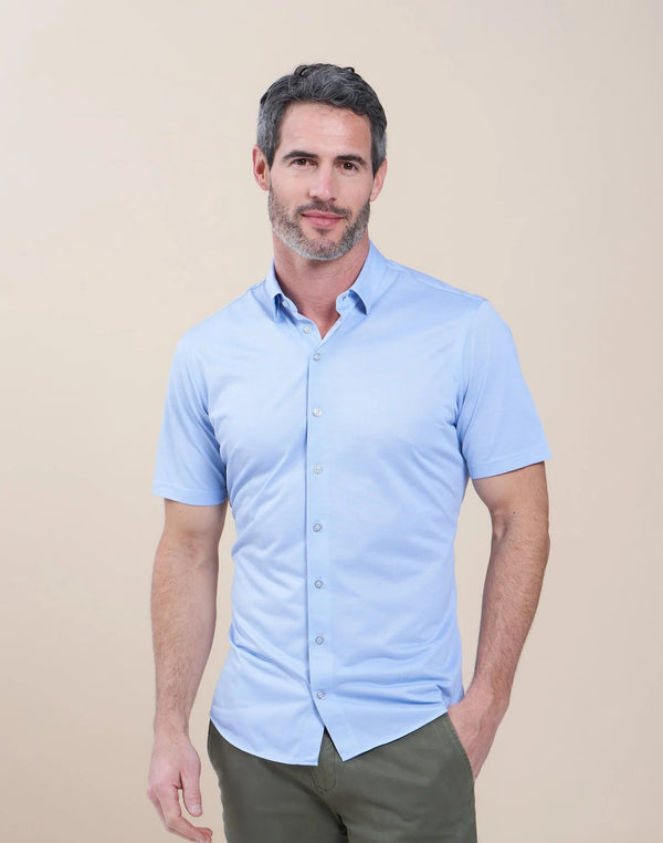 R2 Amsterdam Light Blue Knitted Pique Short Sleeve Shirt