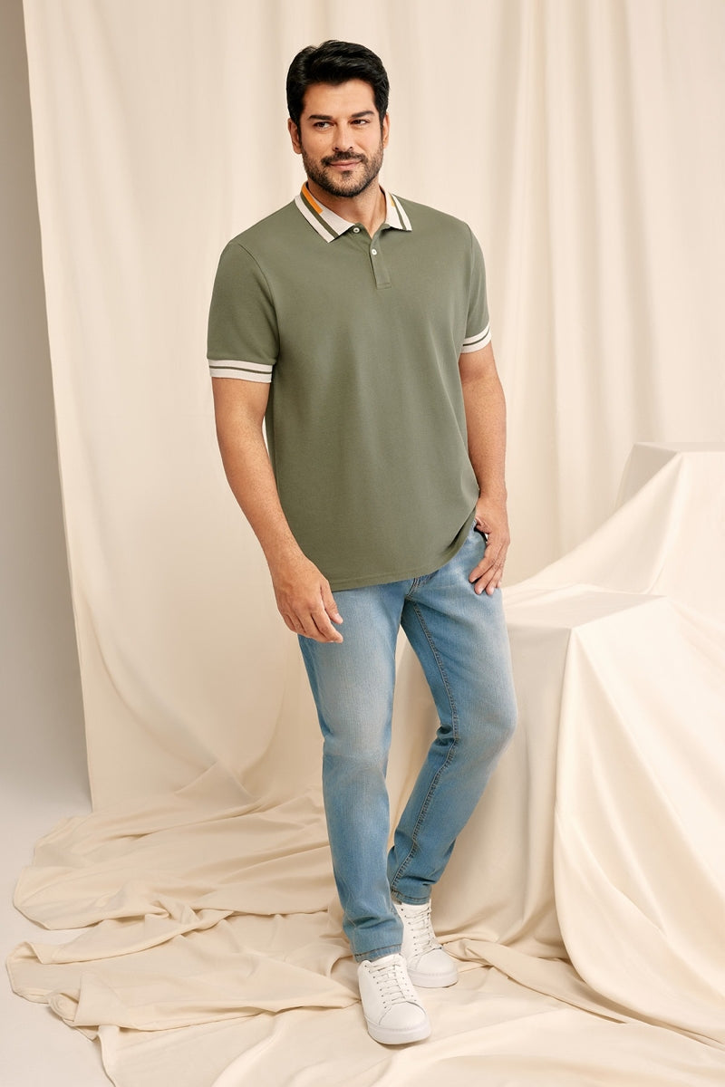 Wholesale,Altinyildiz Classics, Altinyildiz Classics Khaki with Tan Contrast Knit Polo, Green, Large-44-TagL