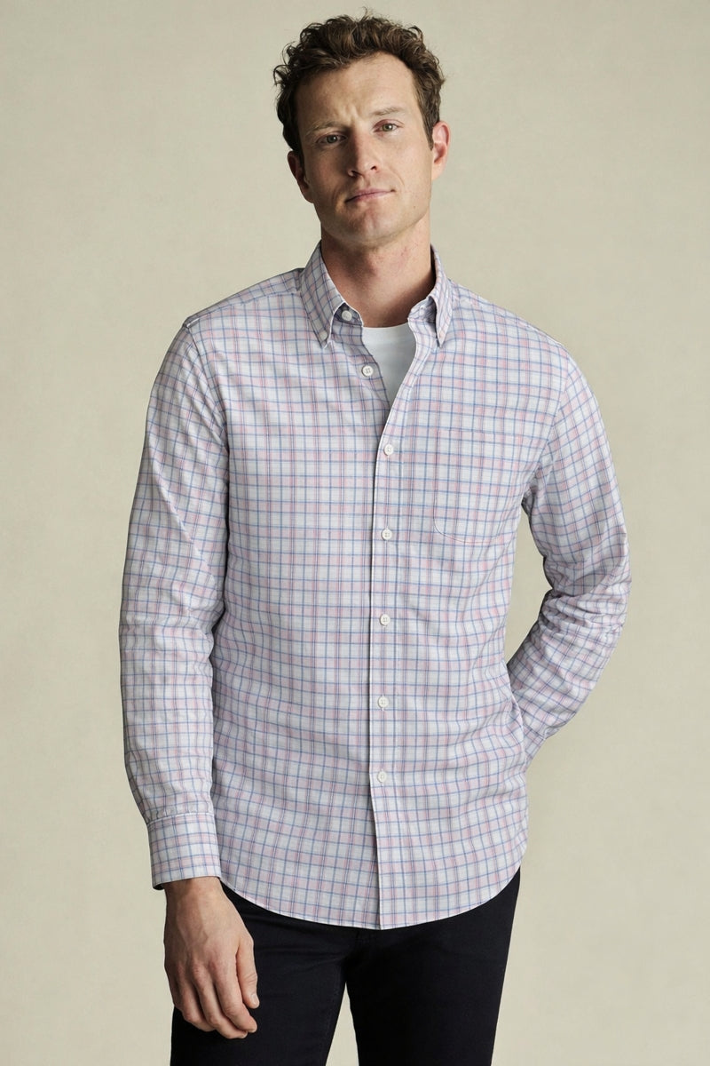 Wholesale,Charles Tyrwhitt, Charles Tyrwhitt Blue/Pink/White Poplin Check Stretch Shirt, Blue, Small-40-TagSMedium-42-TagMLarge-45-TagLExtra Large-50-TagXL