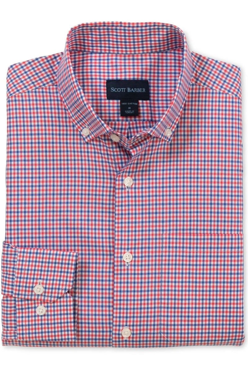 Wholesale,Scott Barber, Scott Barber Berry Tattersall Pattern Poplin Shirt, Red, Extra Large-52-TagXL