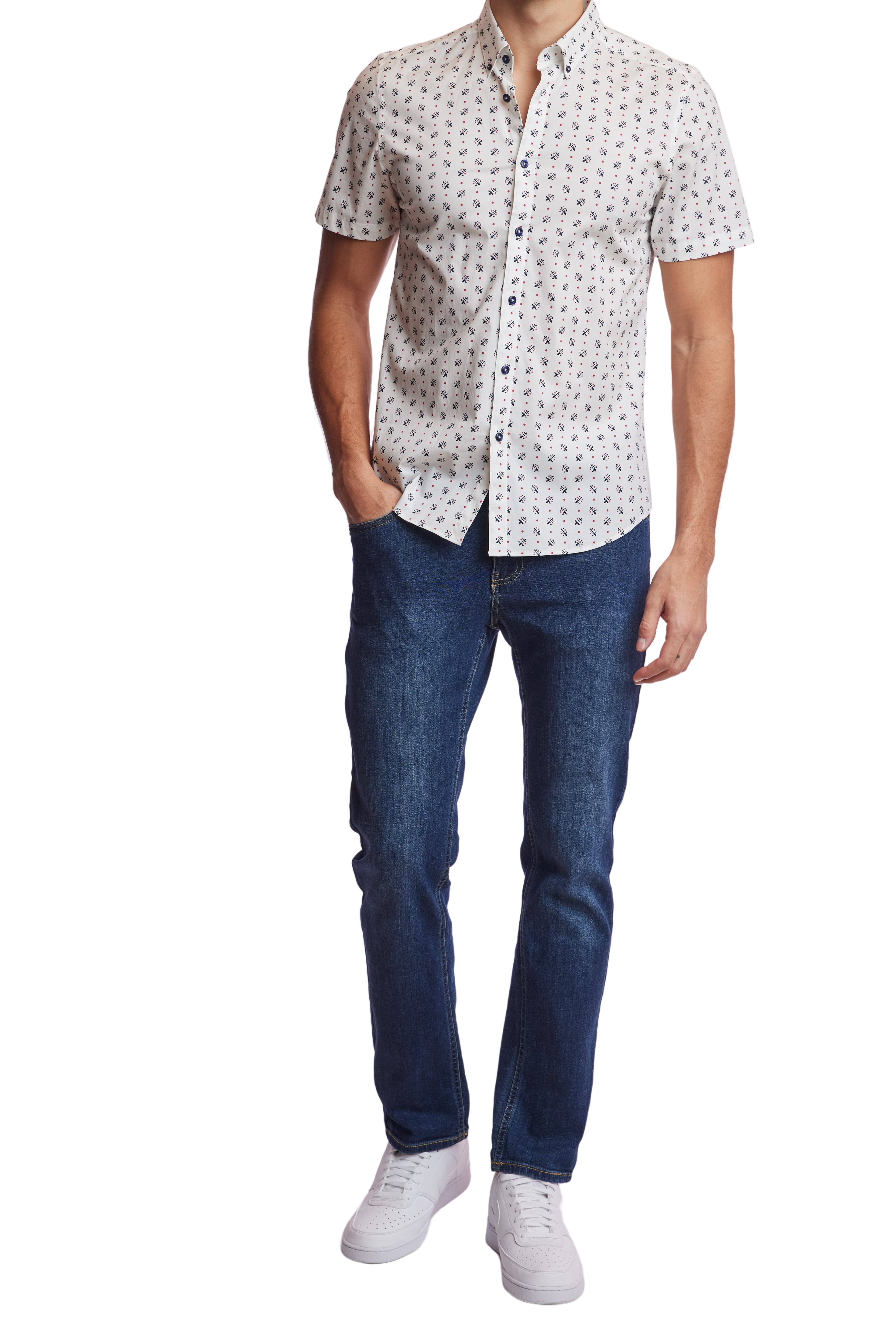 Wholesale,Paisley & Gray, Paisley & Gray White Fleur De Lis Print Short Sleeve Shirt, White, Small-38-TagS