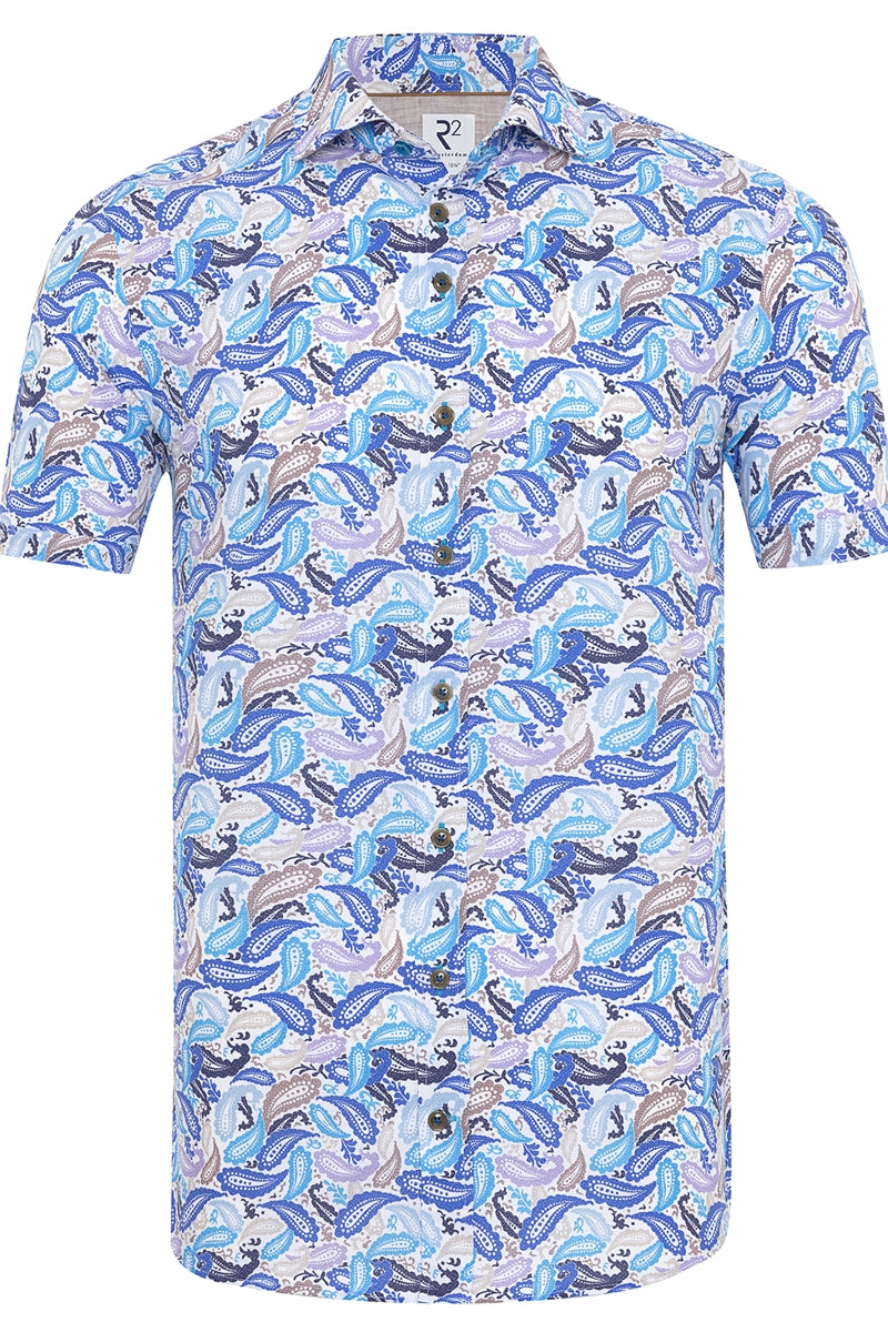 Direct From Brand,R2 Amsterdam, R2 Amsterdam Blue/Tan Paisley Print Short Sleeve Button Up Shirt, Blue, Medium-43-Tag41