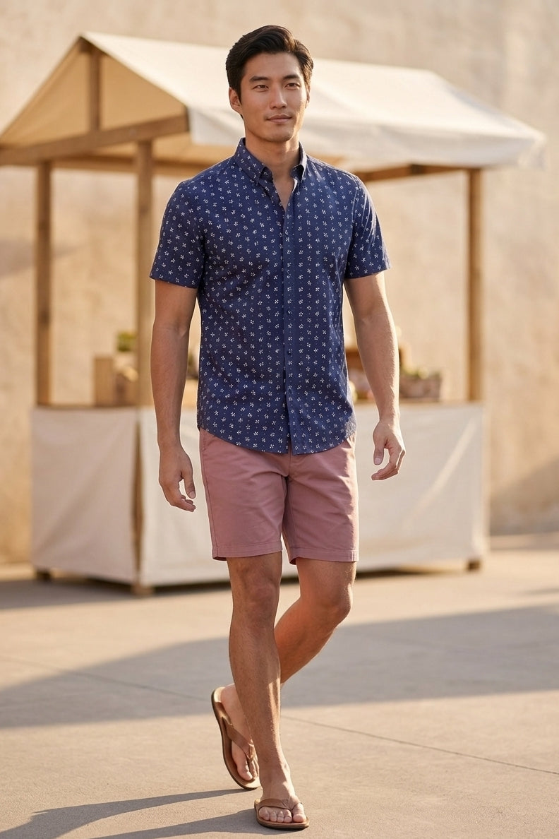 Wholesale,Paisley & Gray, Paisley & Gray Navy Fleur De Lis Print Short Sleeve Shirt, Blue, Small-38-TagSSmall-40-TagMLarge-46-TagXLExtra Large-49-TagXXLMedium-43-TagL
