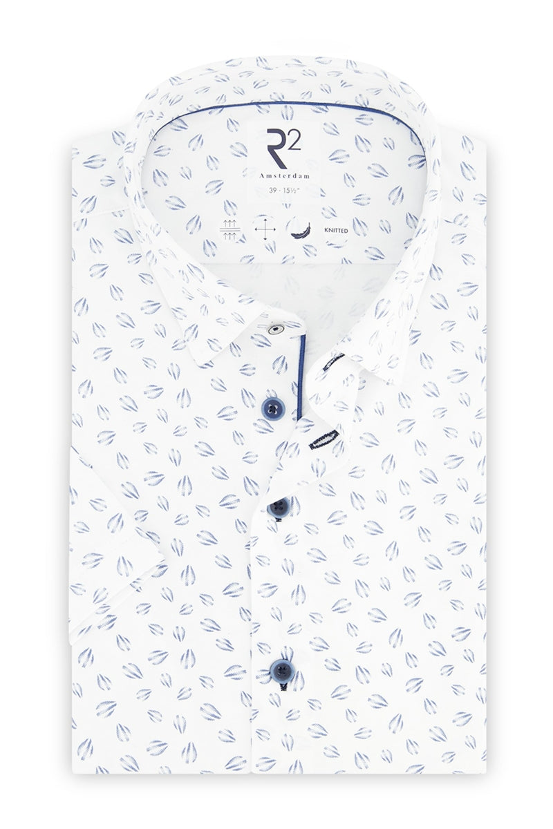 Direct From Brand,R2 Amsterdam, R2 Amsterdam White/Navy Conversational Knitted Short Sleeve Button Up Shirt, White, Small-40-Tag38Medium-42-Tag39Medium-43-Tag40