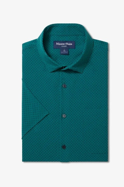 Wholesale,Mizzen + Main, Mizzen + Main Dark Teal Clover Print Trim Shirt, Green, Medium-43-TagMLarge-46-TagLExtra Large-49-TagXL