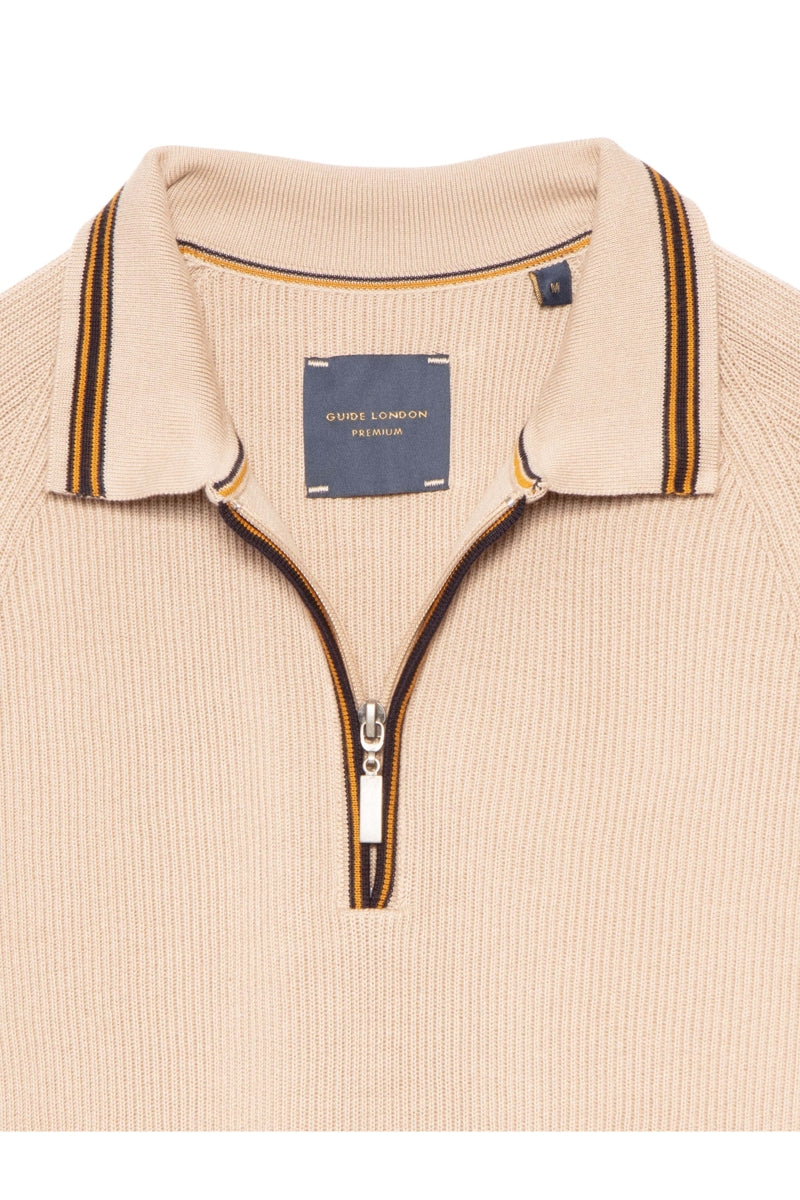 Faire,Guide London, Guide London Stone Braided Weave Knit Qtr Zip Polo, Tan, Extra Extra Large-46-TagXXL
