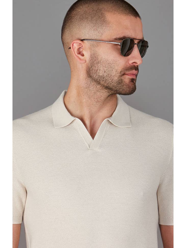 Faire,Paul James, Paul James Cream Textured Knit Buttonless Short Sleeve Polo, Cream, Medium-40-TagM
