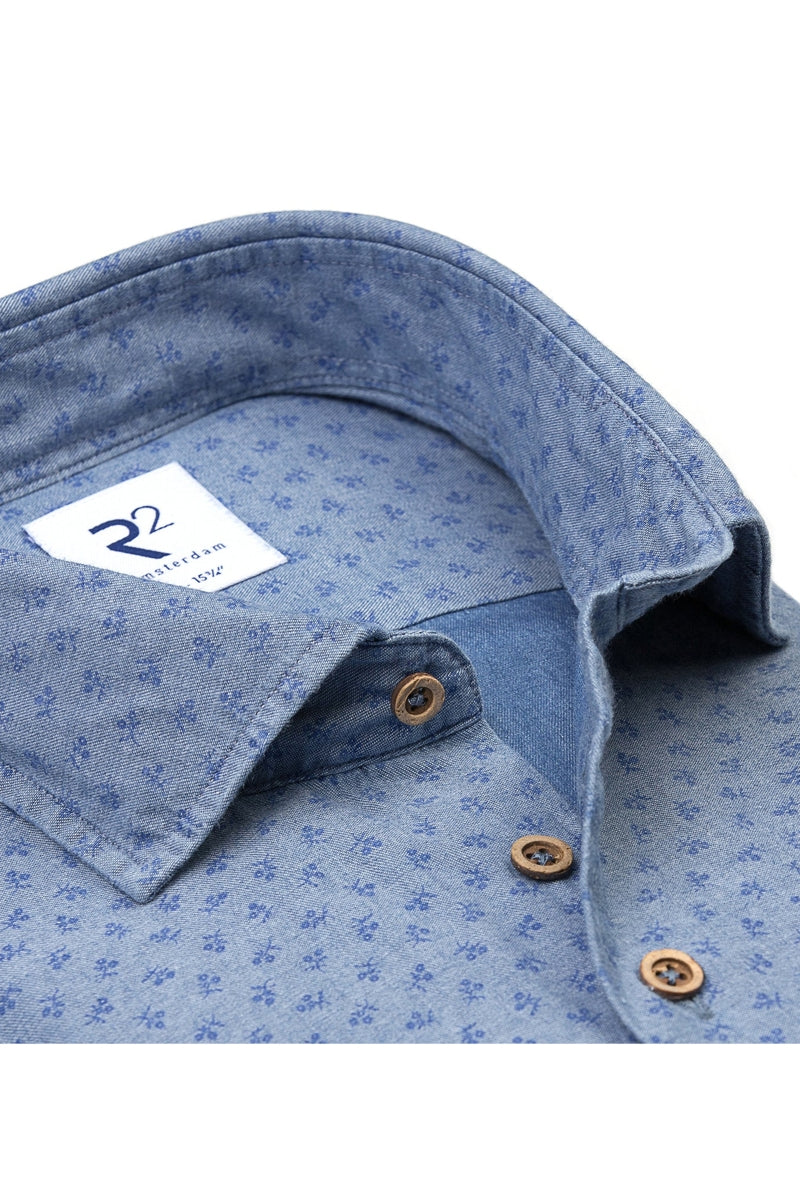 Direct From Brand,R2 Amsterdam, R2 Amsterdam Blue Floral Print Denim Shirt, Blue, Small-40-Tag39Medium-42-Tag40Medium-44-Tag41Large-46-Tag42Extra Large-48-Tag43