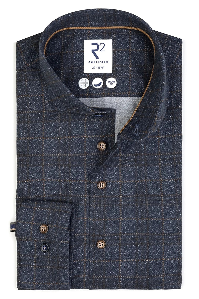 Direct From Brand,R2 Amsterdam, R2 Amsterdam Navy Check Print Stretch Shirt, Blue, Medium-42-Tag39
