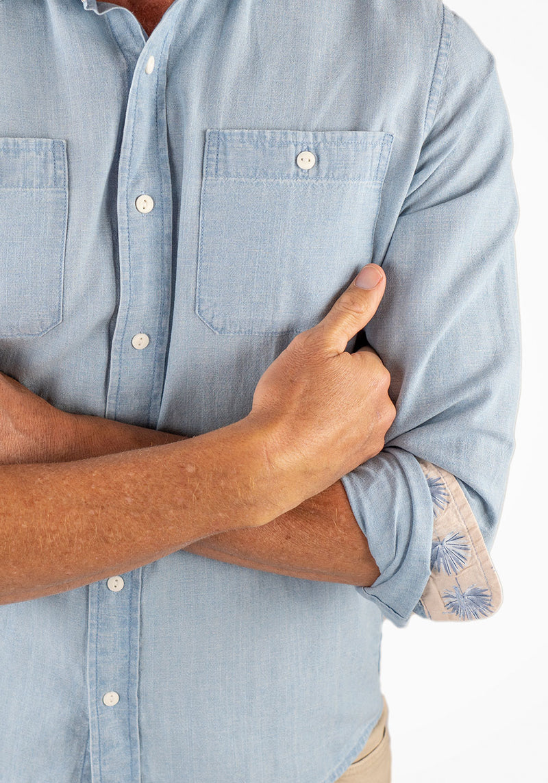 Brand Partner,Tailor Vintage, Tailor Vintage Indigo Light Wash Cotton/Linen Blend Shirt, Blue, Small-42-TagSMedium-45-TagMLarge-48-TagLExtra Large-52-TagXLExtra Extra Large-56-TagXXL