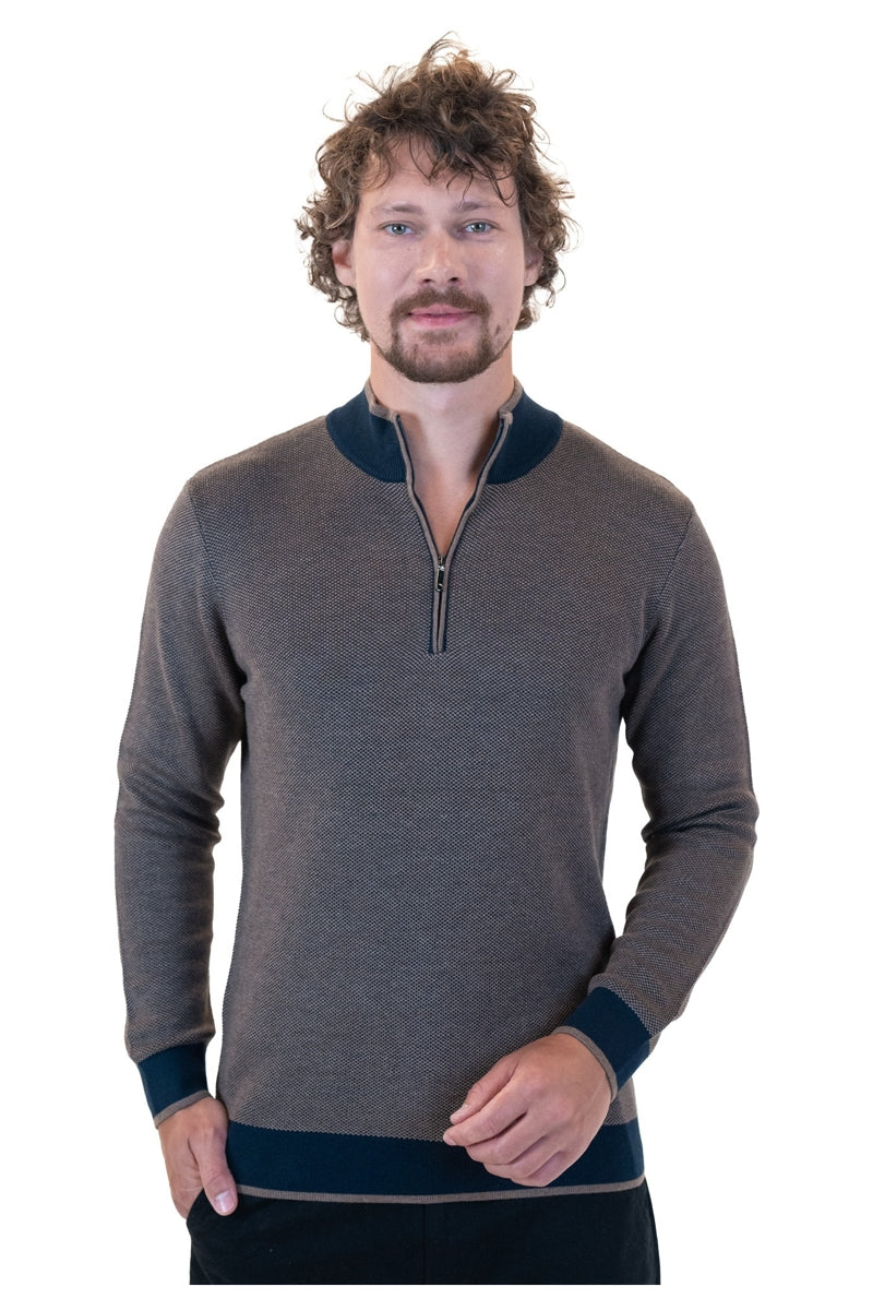 Wholesale,Mizumi, Mizumi Brown with Navy Contrast Half Zip Knit Pullover, Brown, Extra Large-47-TagXXL