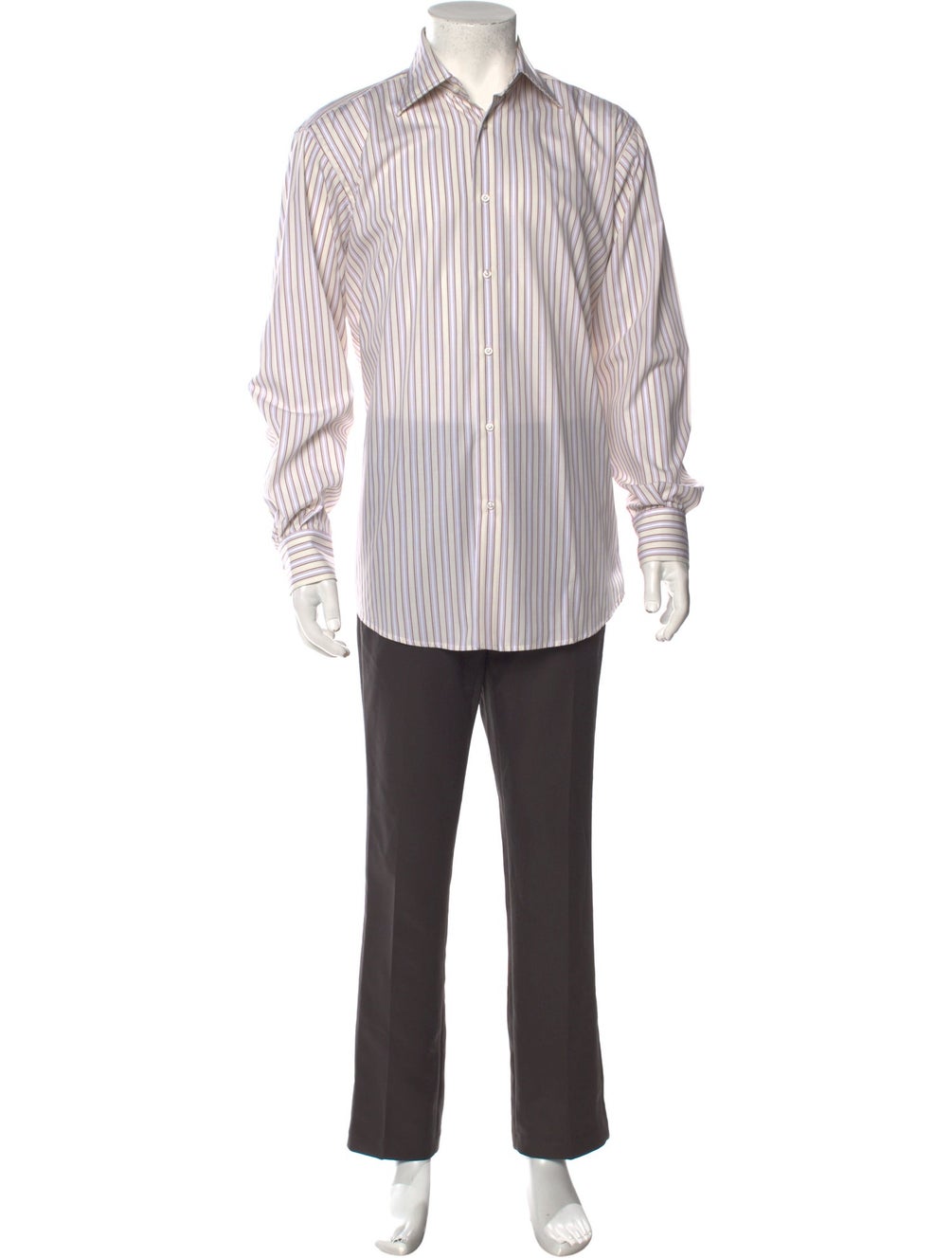RealReal,Luciano Barbera, Luciano Barbera Neutrals Stripped Long Sleeve Dress Shirt with One-Button Rounded Cuffs, Cream, Large-46-Tag39