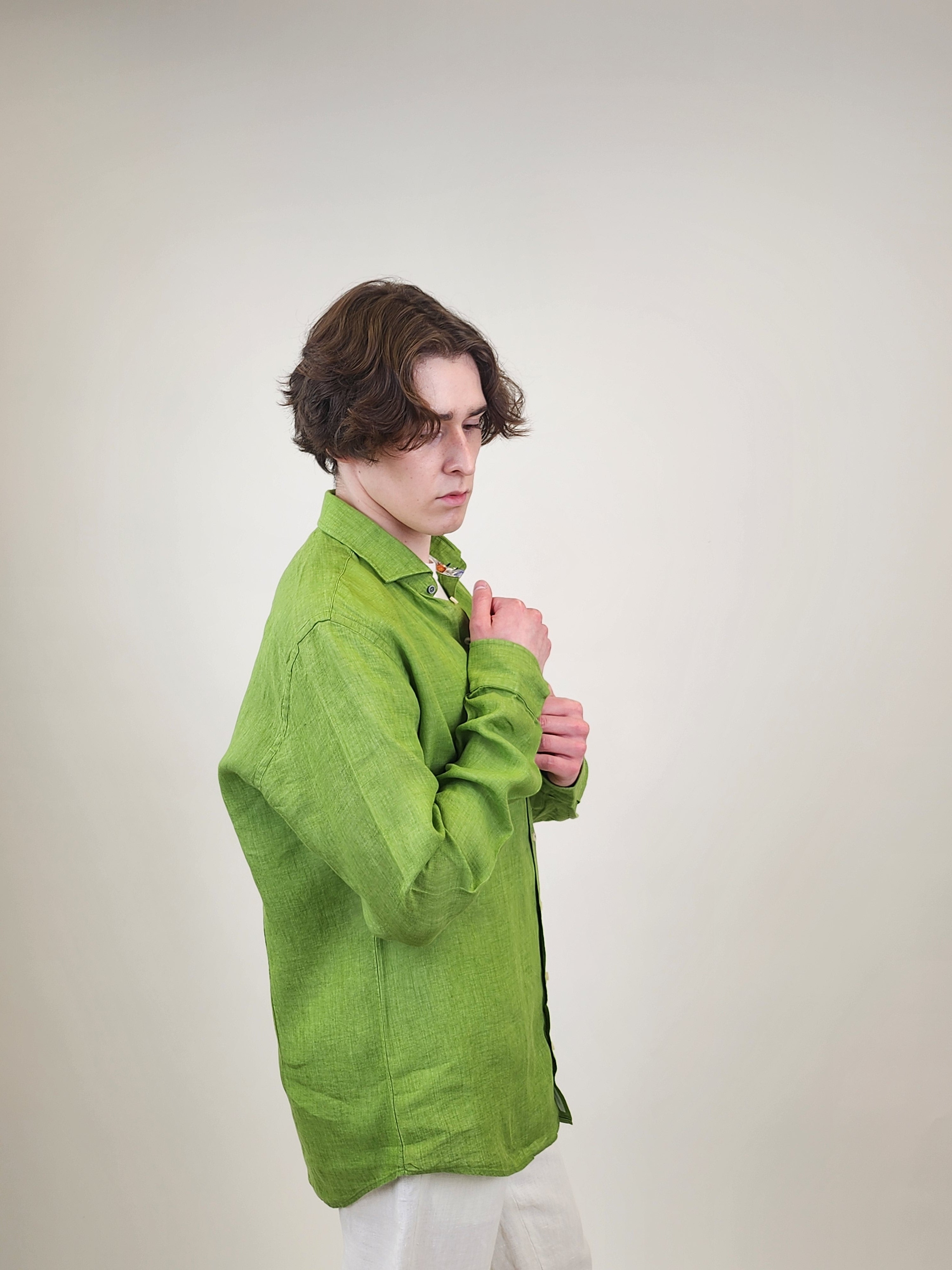 Brand Partner,R2 Amsterdam, R2 Amsterdam Green Linen Long Sleeve Shirt Contrast print with Classic Buggy Paisley, Green, Medium-44-Tag41