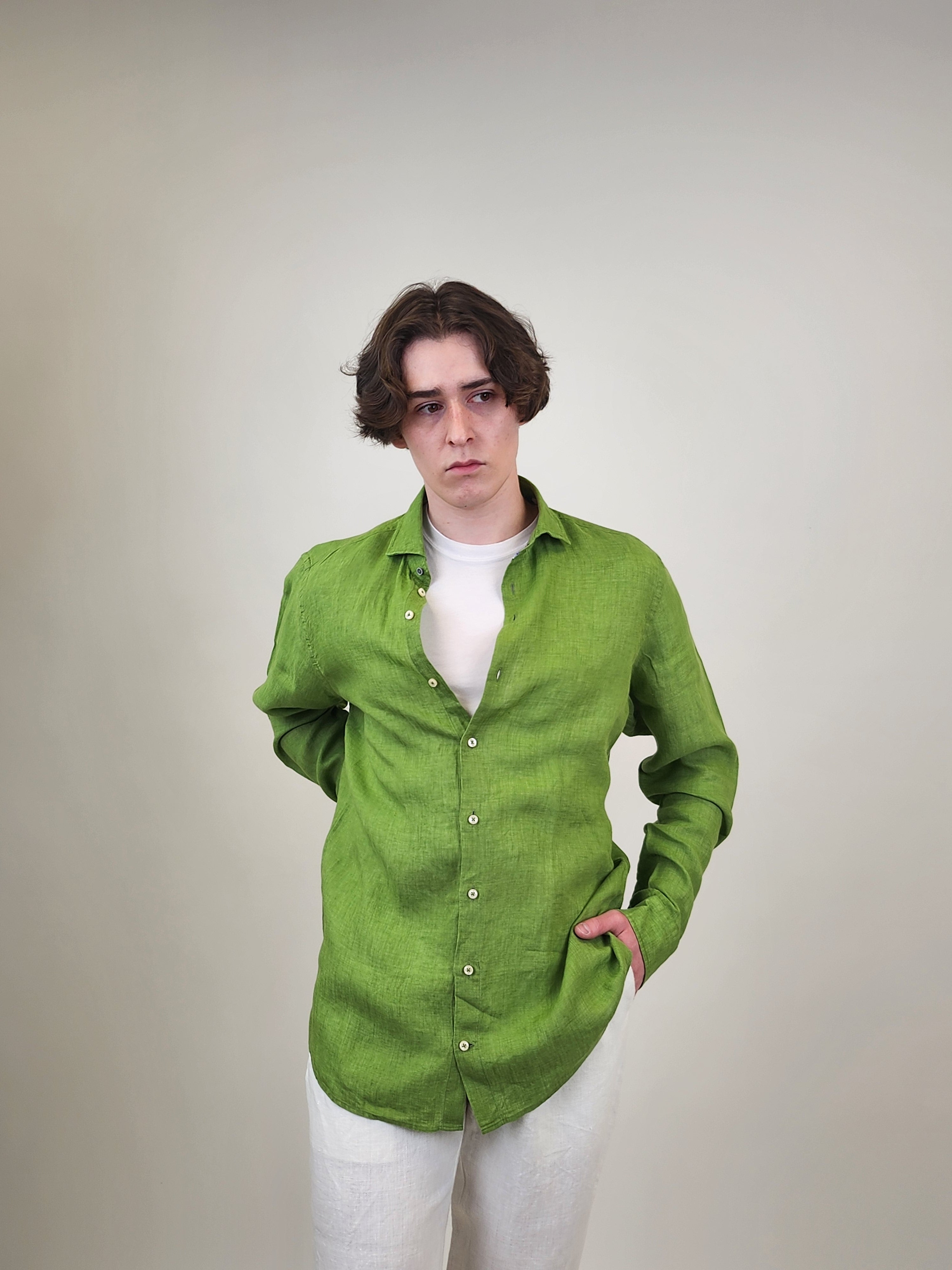 Brand Partner,R2 Amsterdam, R2 Amsterdam Green Linen Long Sleeve Shirt Contrast print with Classic Buggy Paisley, Green, Medium-44-Tag41