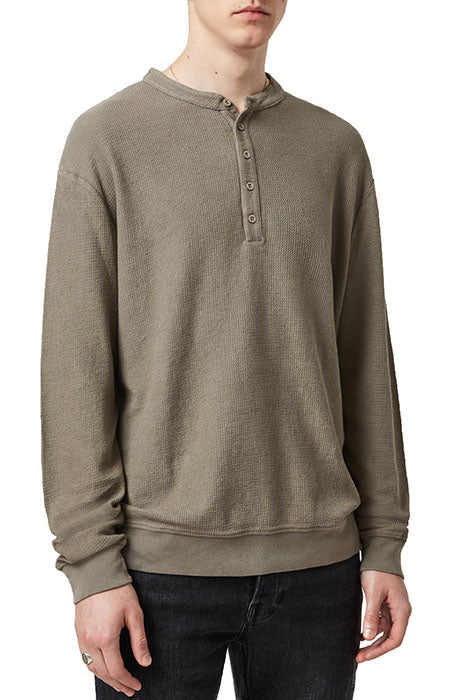 Otrium,AllSaints, AllSaints Olive Green Waffle Knit Relaxed Fit Long Sleeve Henley, Green, Large-52-TagMMedium-50-TagSExtra Extra Large-53-TagM