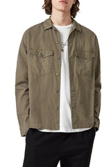 AllSaints Olive Green Grid Textured Button Up Over Shirt With Chest Pockets