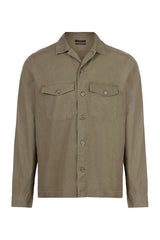 AllSaints Olive Green Grid Textured Button Up Over Shirt With Chest Pockets