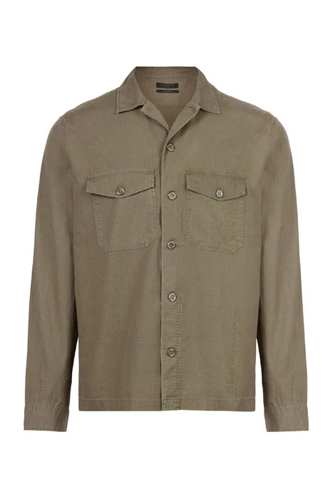 AllSaints Olive Green Grid Textured Button Up Over Shirt With Chest Pockets