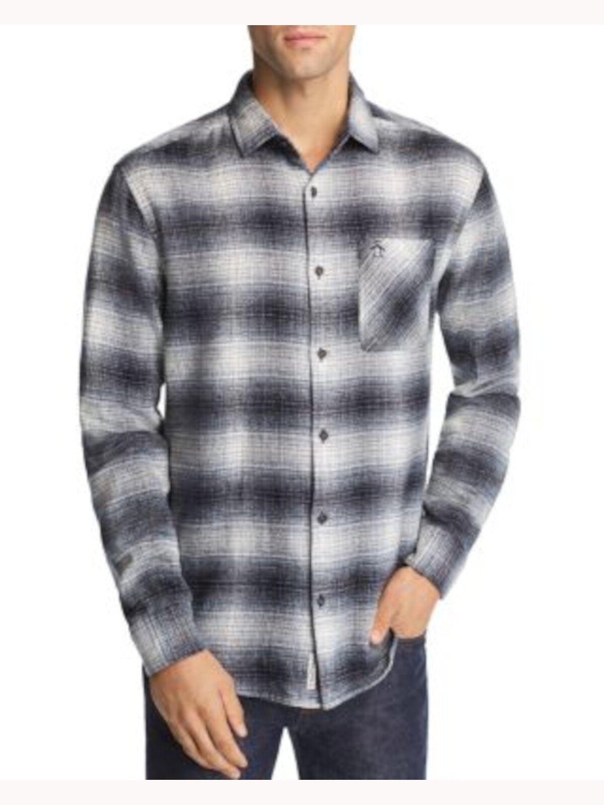 Bobbi + Bricka, ORIGINAL PENGUIN Black Ombre Plaid Button-up Shirt, Black, Small-41-TagS