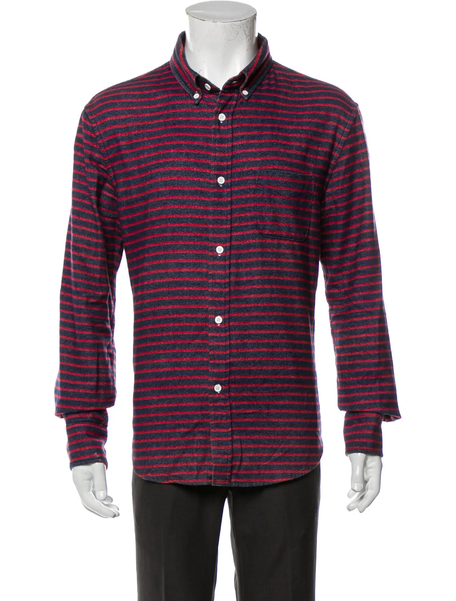 The RealReal,Band of Outsiders, Band of Outsiders Navy And Red Horizontal Striped Flannel Button Up Shirt With Front Chest Pocket, Red, Medium-43-Tag3