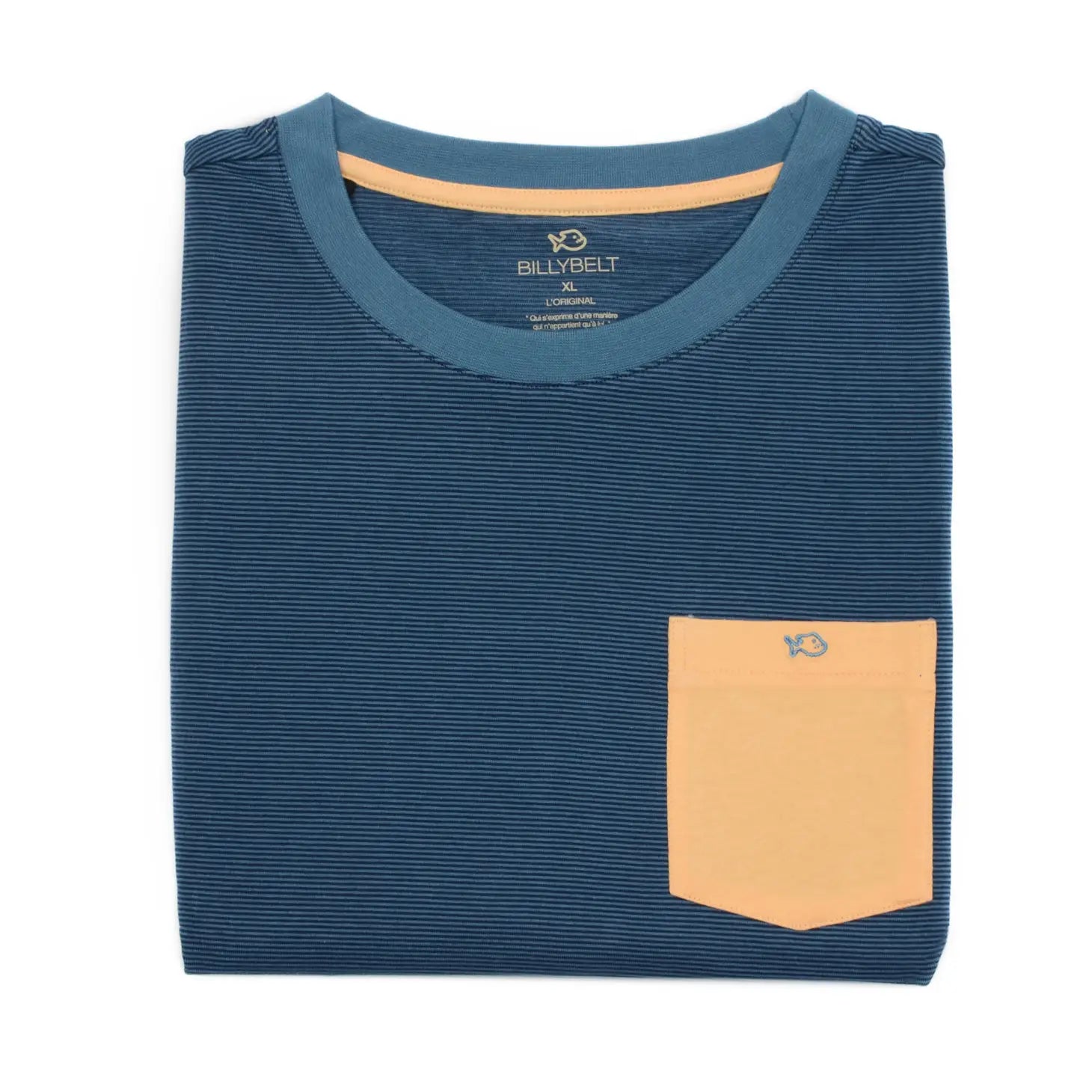Faire,Billy Belt, Billy Belt Blue Striped Short Sleeve T-Shirt With Light Orange Chest Pocket, Blue, Medium-40-TagLLarge-42-TagLMedium-39-TagM