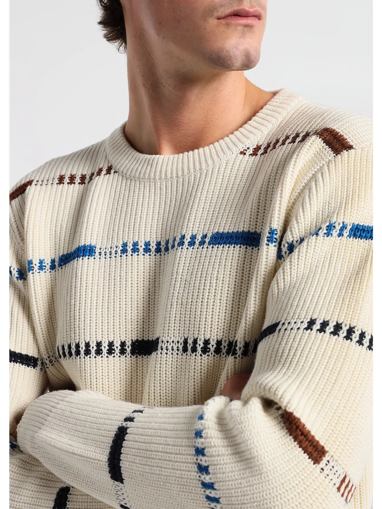 Faire,Bendorff, Bendorff Cream Longsleeve Crewneck Sweater With Blue, Black and Brown Horizontal Stripes, Cream, Large-44-TagXLMedium-42-TagXLLarge-42-TagLSmall-38-TagL