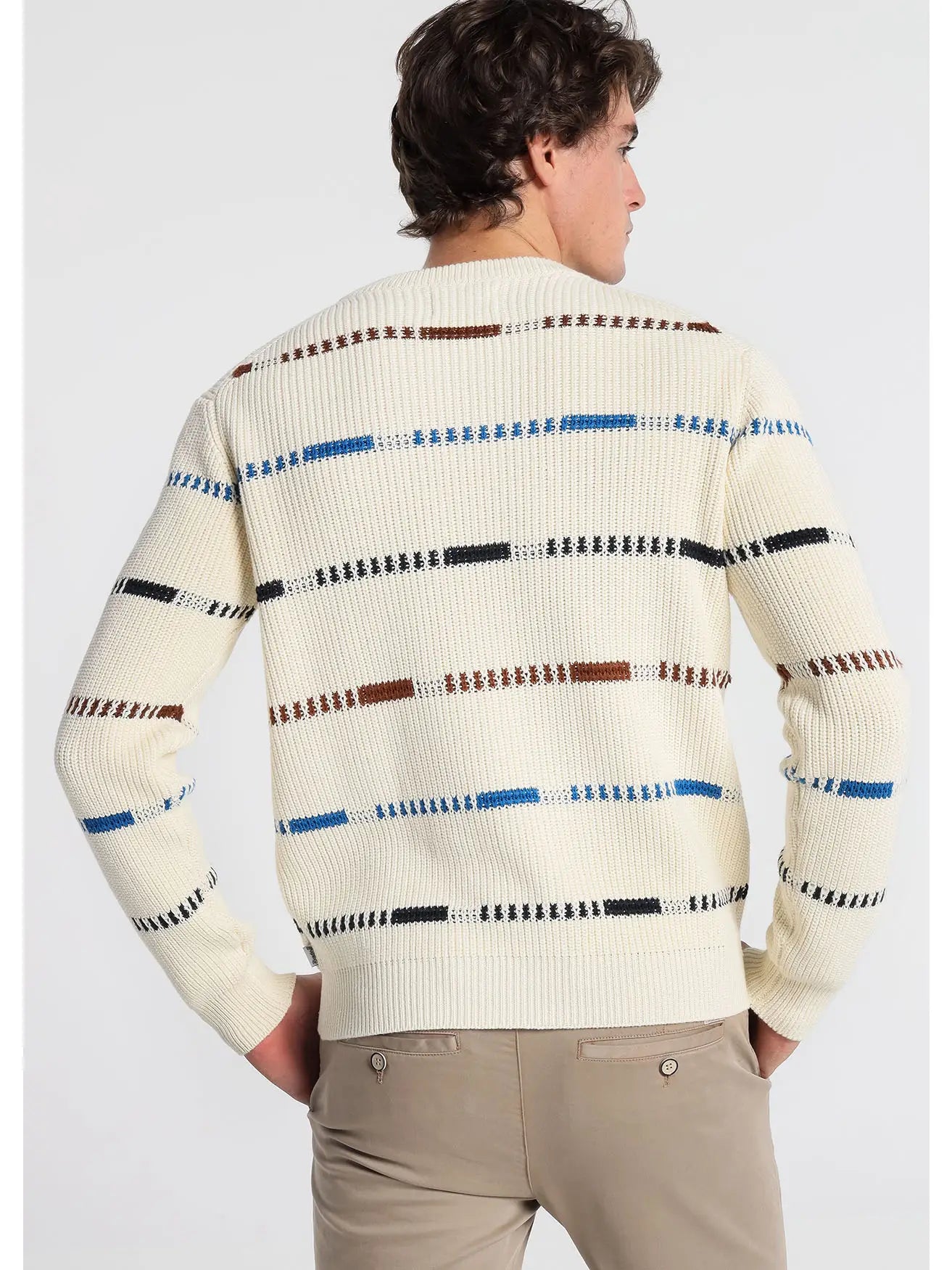 Faire,Bendorff, Bendorff Cream Longsleeve Crewneck Sweater With Blue, Black and Brown Horizontal Stripes, Cream, Large-44-TagXLMedium-42-TagXLLarge-42-TagLSmall-38-TagL