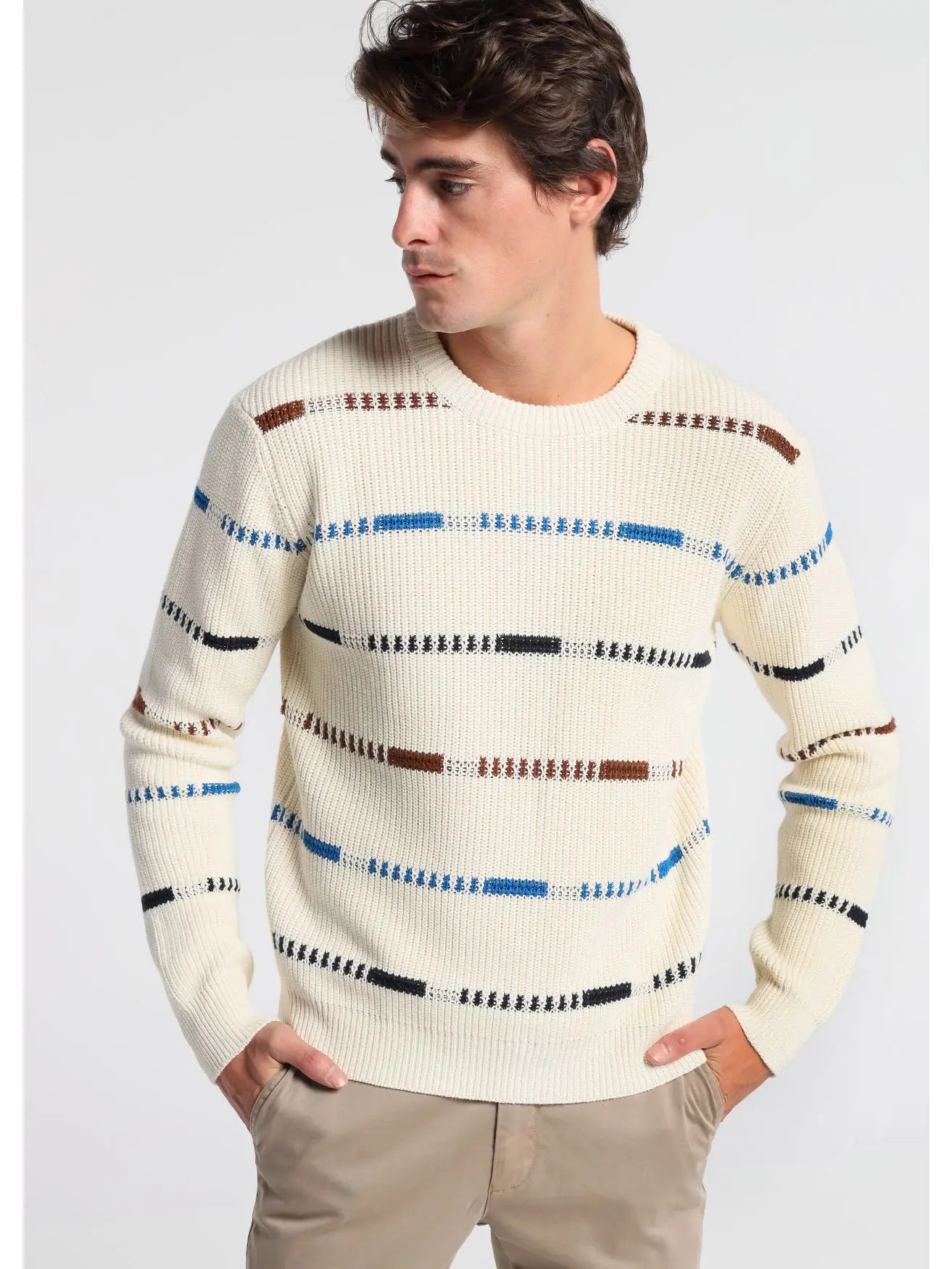 Faire,Bendorff, Bendorff Cream Longsleeve Crewneck Sweater With Blue, Black and Brown Horizontal Stripes, Cream, Large-44-TagXLMedium-42-TagXLLarge-42-TagLSmall-38-TagL