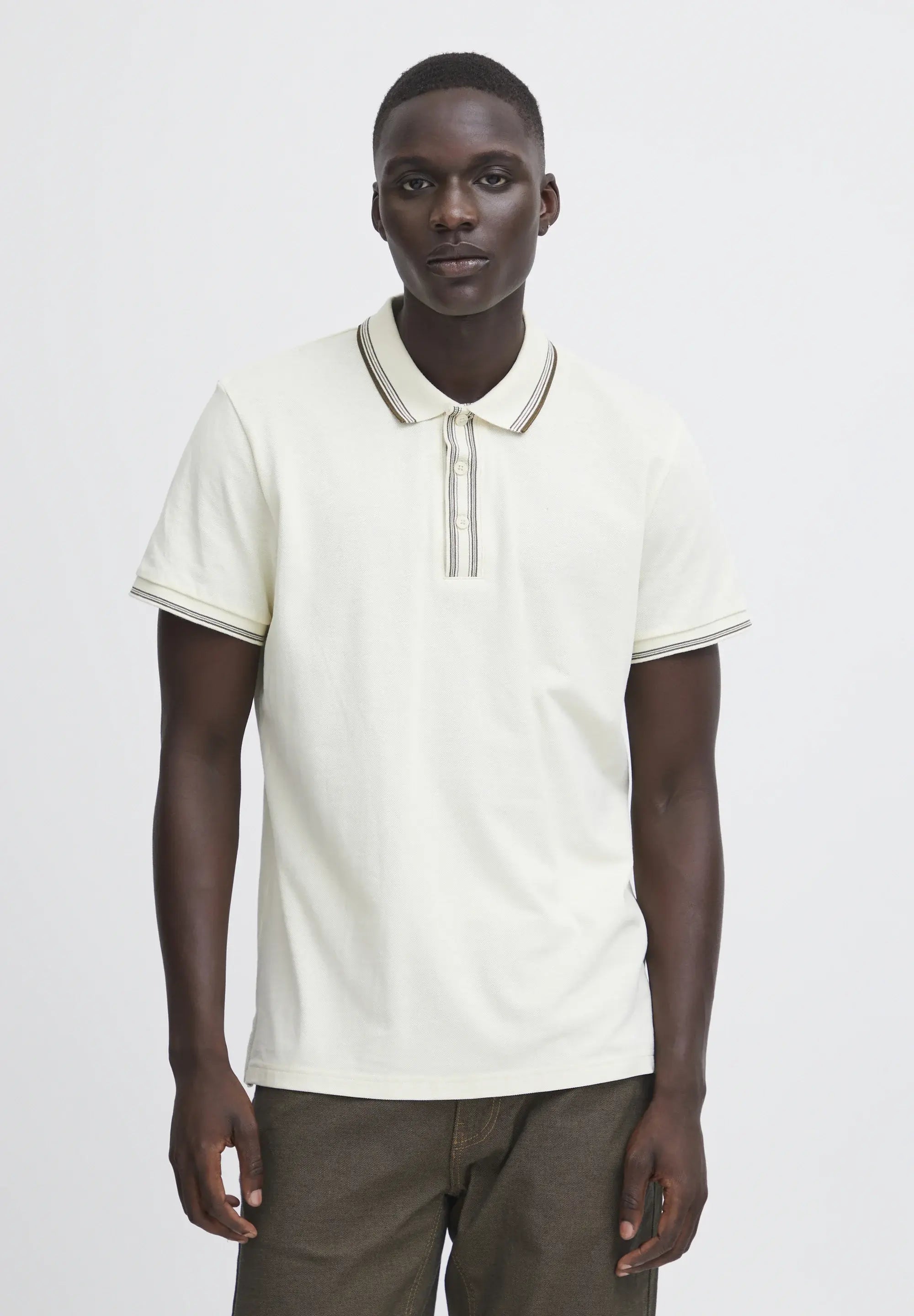 Wholesale,Blend, Blend Cloud Cream Short Sleeve Polo with Brown Contrast, Cream, Large-44-TagL