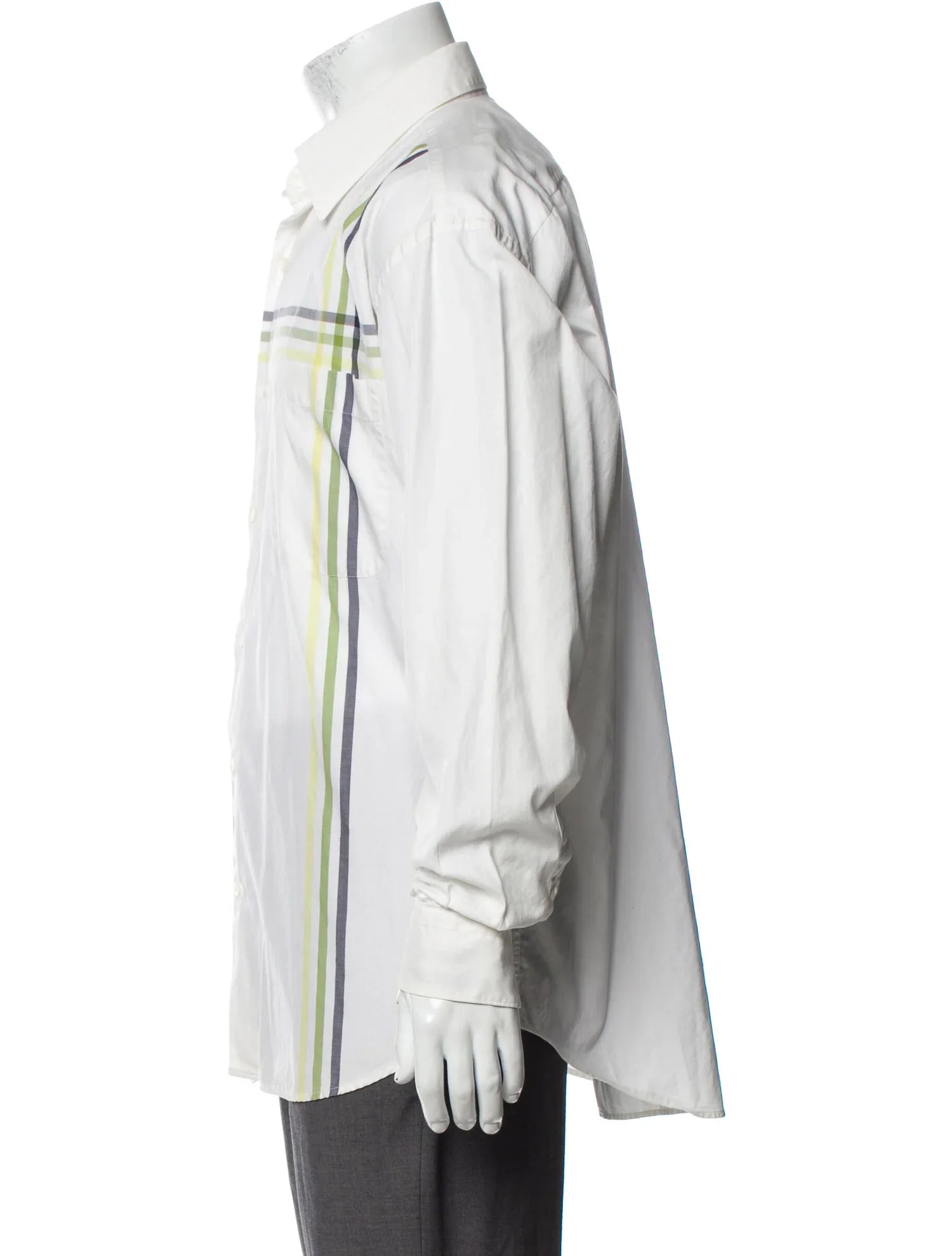 The RealReal,Burberry, Burberry White With Green Grey & Yellow Multi Colored Frontal Striped Button Up Shirt, White, Extra Extra Large-53-TagL
