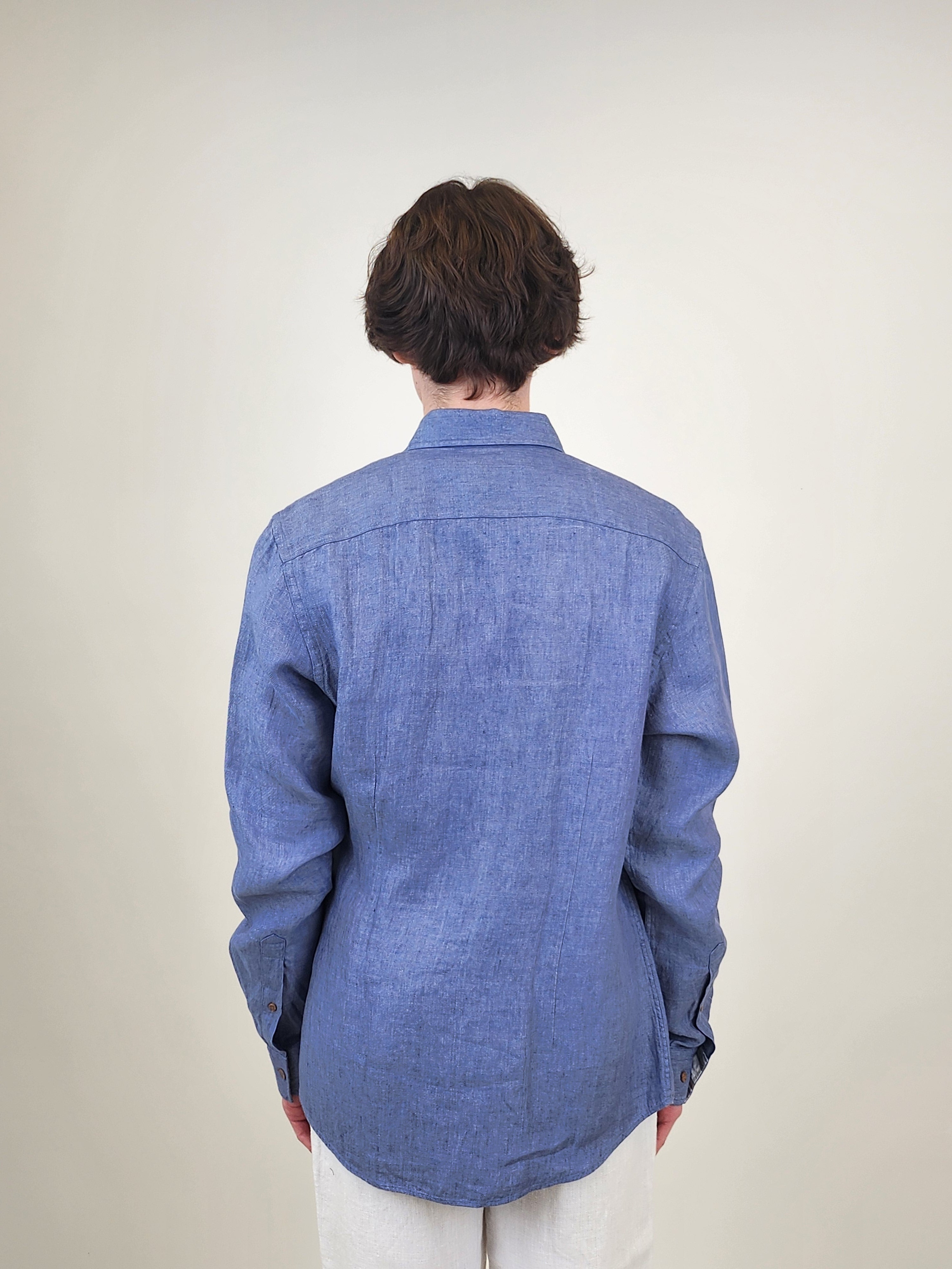 Brand Partner,R2 Amsterdam, R2 Amsterdam Blue Linen  Button Up Shirt with Plaid Contrast, Blue, Small-41-Tag39