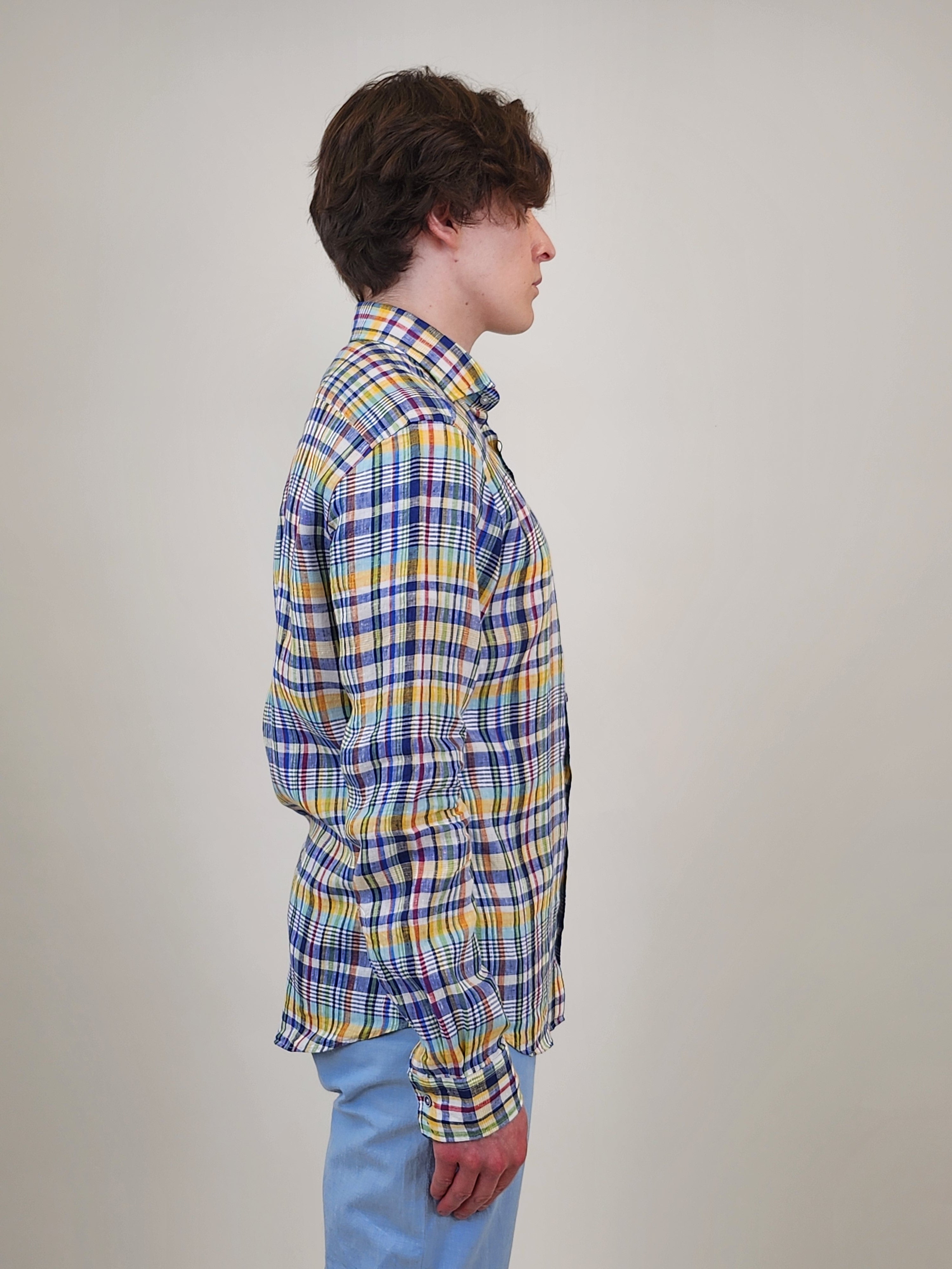 Brand Partner,R2 Amsterdam, R2 Amsterdam Multi Color Plaid Linen Long Sleeve Button Up Shirt, Blue, Small-41-Tag39