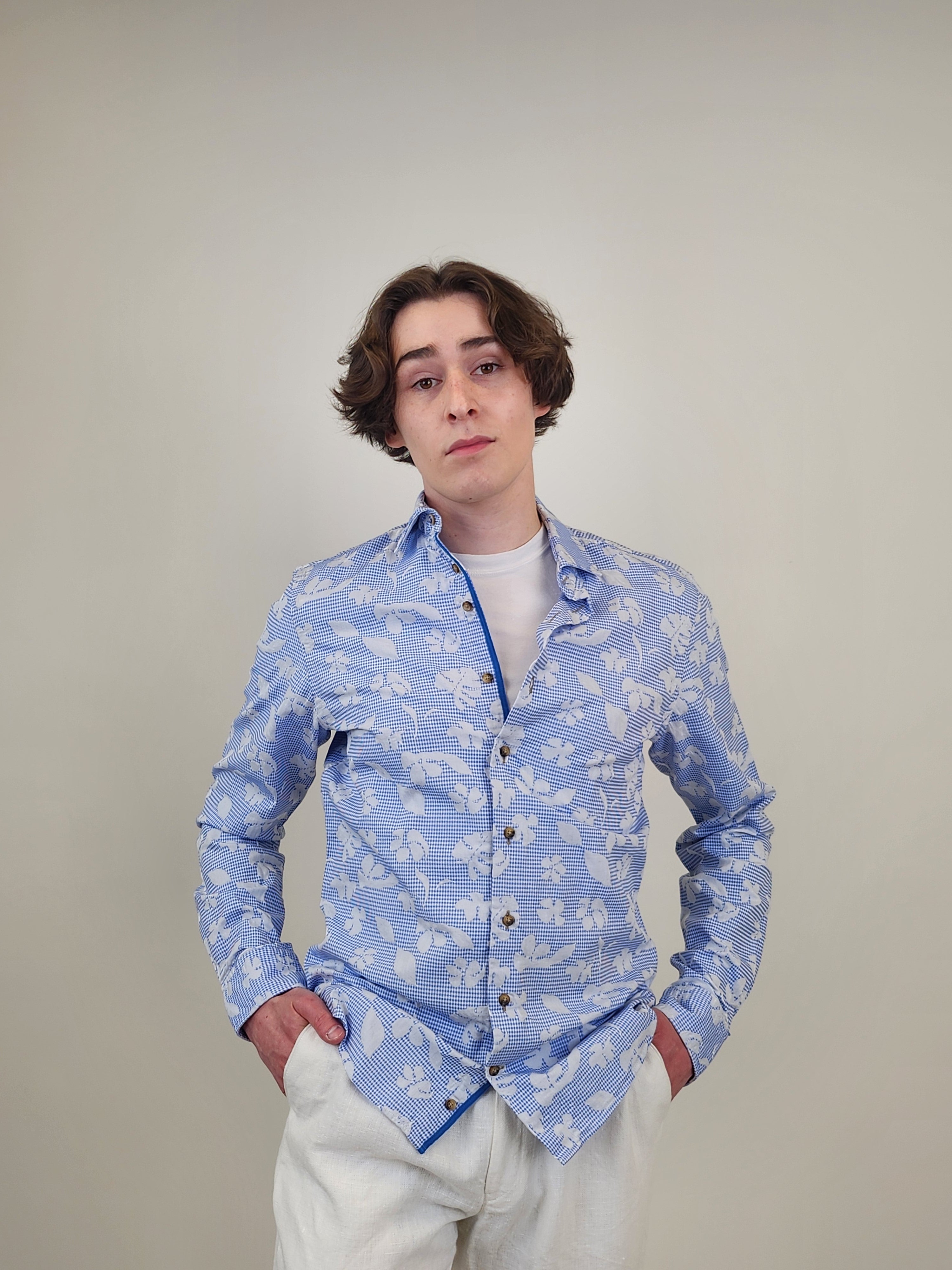 Brand Partner,R2 Amsterdam, R2 Amsterdam Blue Jacquard Leaf Print Long Sleeve Button Up Shirt, Blue, Small-41-Tag39