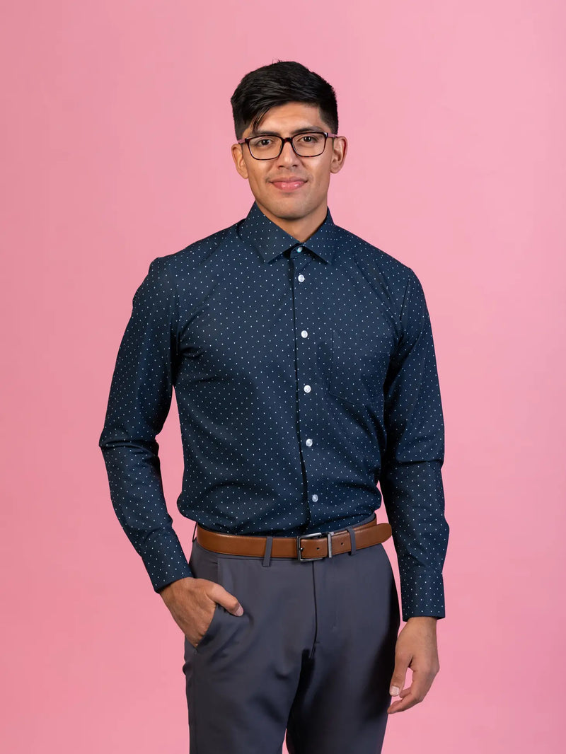 &Collar Navy With White Polka Dot Print Long Sleeve Button Up Shirt With Front Pocket