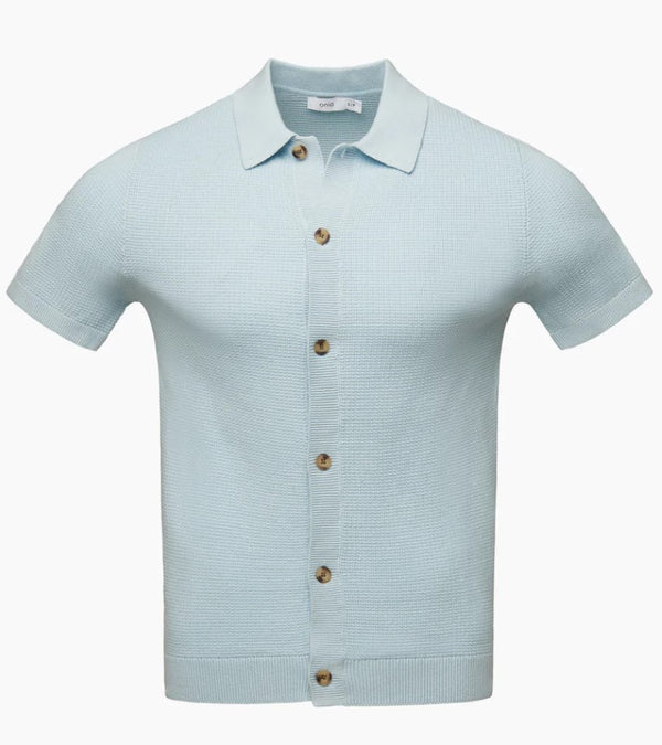 Onia Light Blue Cotton Knit Textured Button Up Short Sleeve Shirt