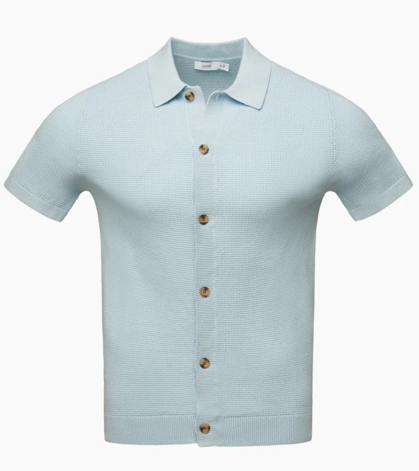 Wholesale,Onia, Onia Light Blue Cotton Knit Textured Button Up Short Sleeve Shirt, Blue, Large-41-TagL