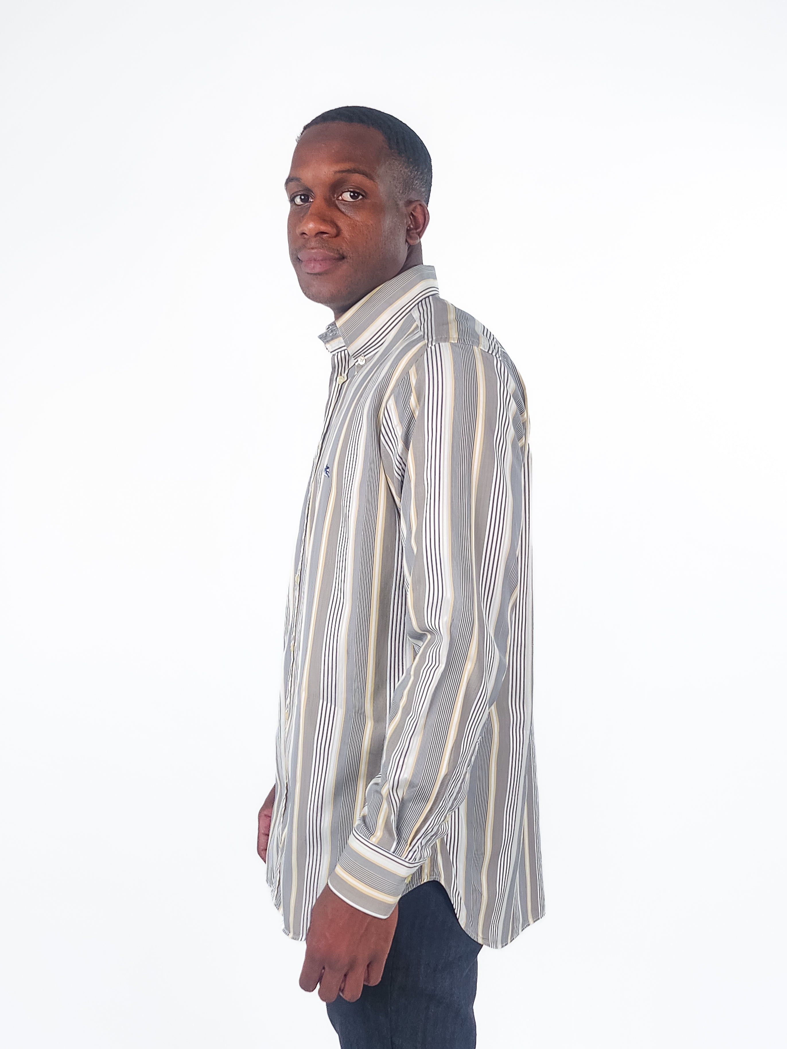 The RealReal,Etro, Etro Blue/Yellow Variegated Stripe Button Up Shirt, Grey, Large-46-TagL