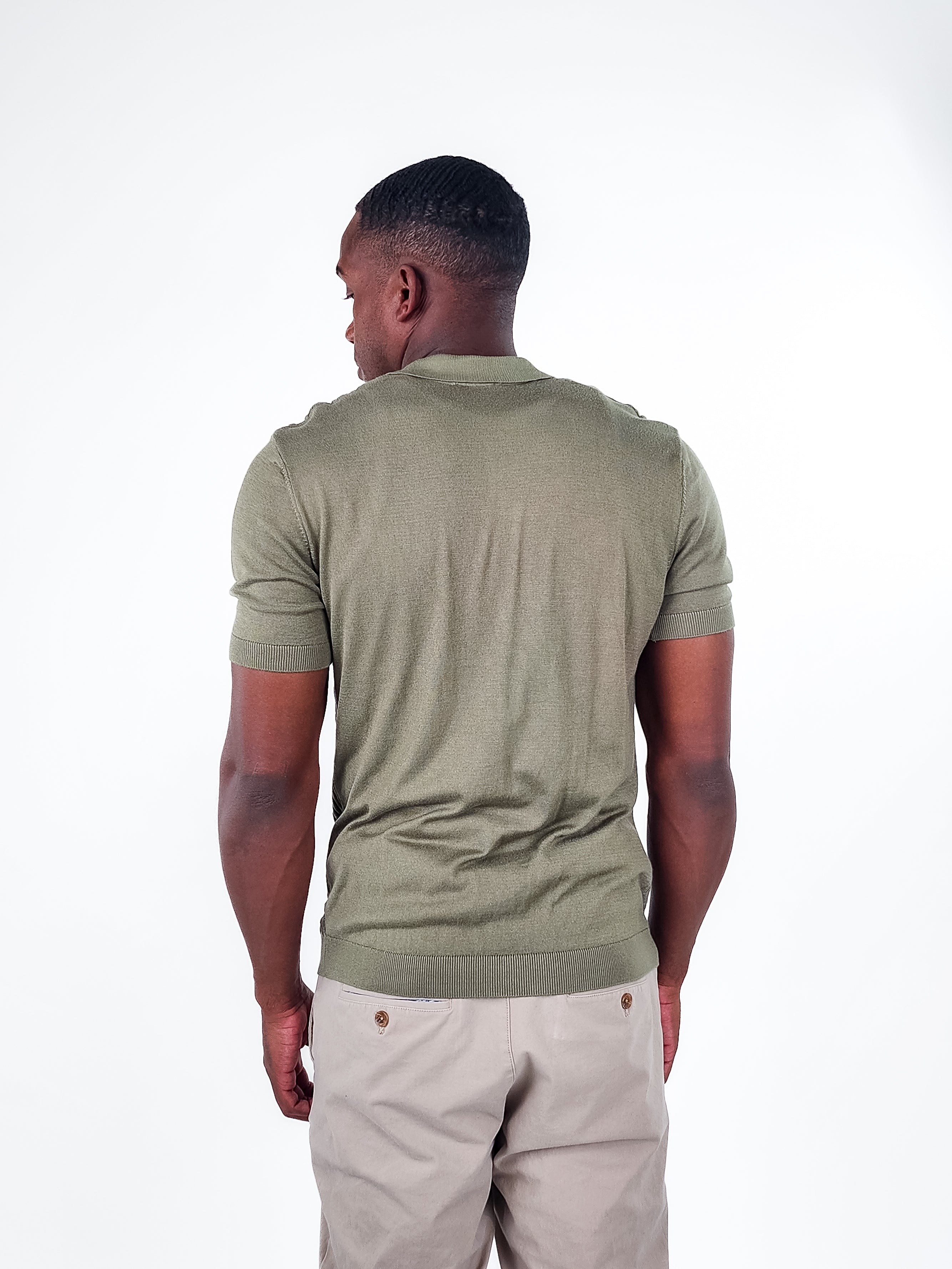 Wholesale,Suit Sartoria, Suit Sartoria Olive Green Geometric Textured Pattern Quarter Zip Knit Short Sleeve Polo, Green, Extra Small-35-TagXL