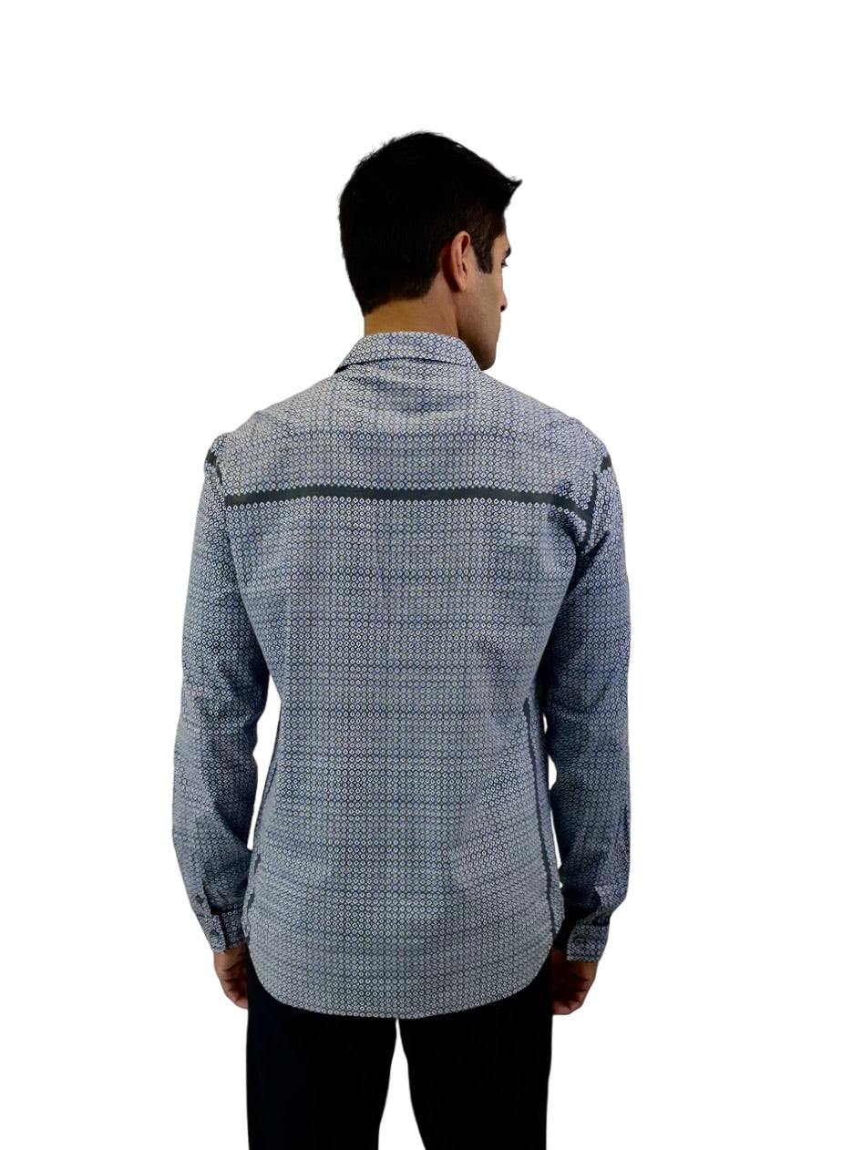 The RealReal,Pierre Blamain, Pierre Balmain Blue Abstract Print Long Sleeve Button Up With Front Pocket, Blue, Medium-43-TagM