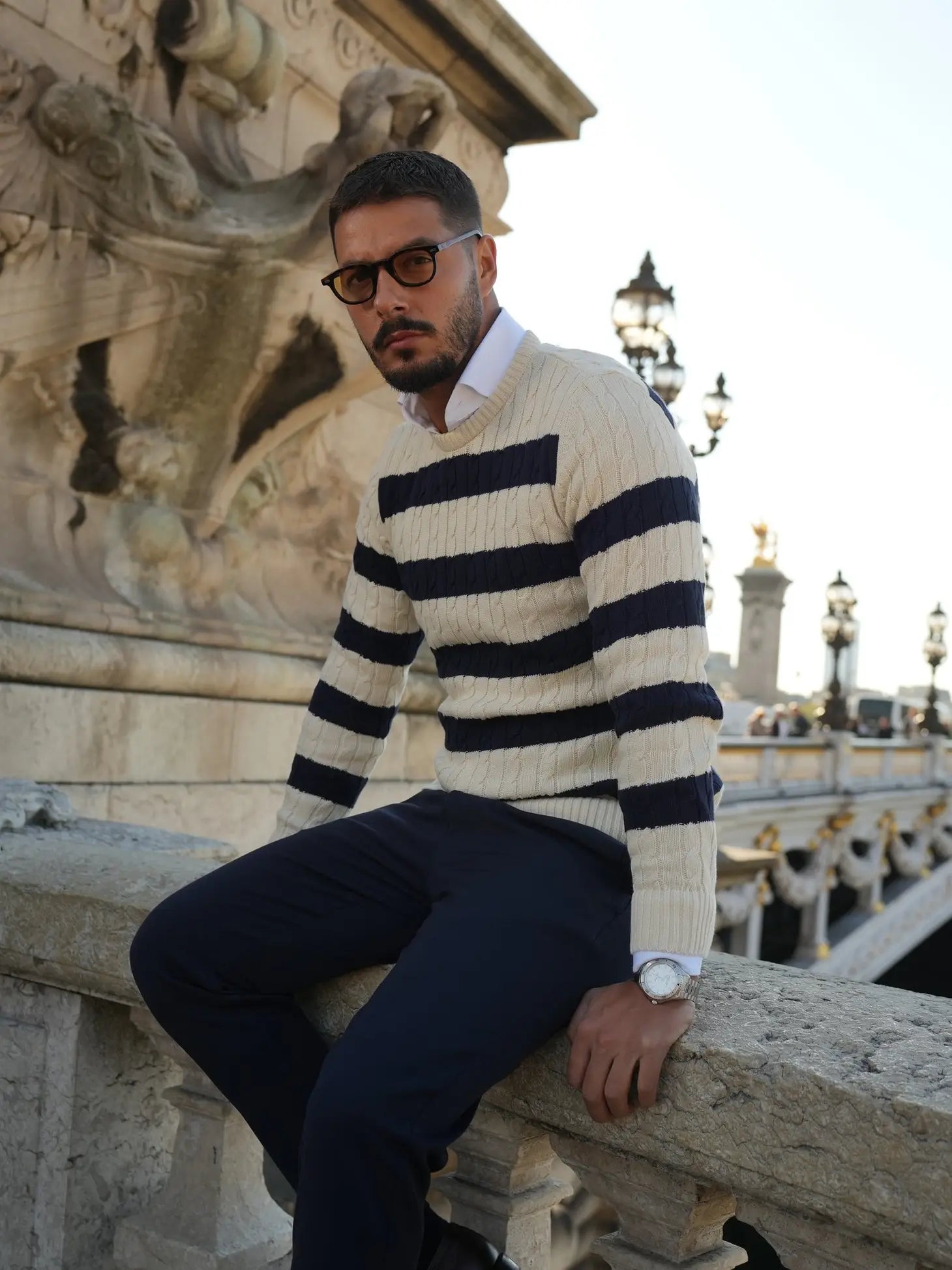 Faire,Donato, Donato Cream And Navy Horizontally Striped Cable Knit Crewneck Sweater, Cream, Medium-42-TagXLLarge-43-TagL