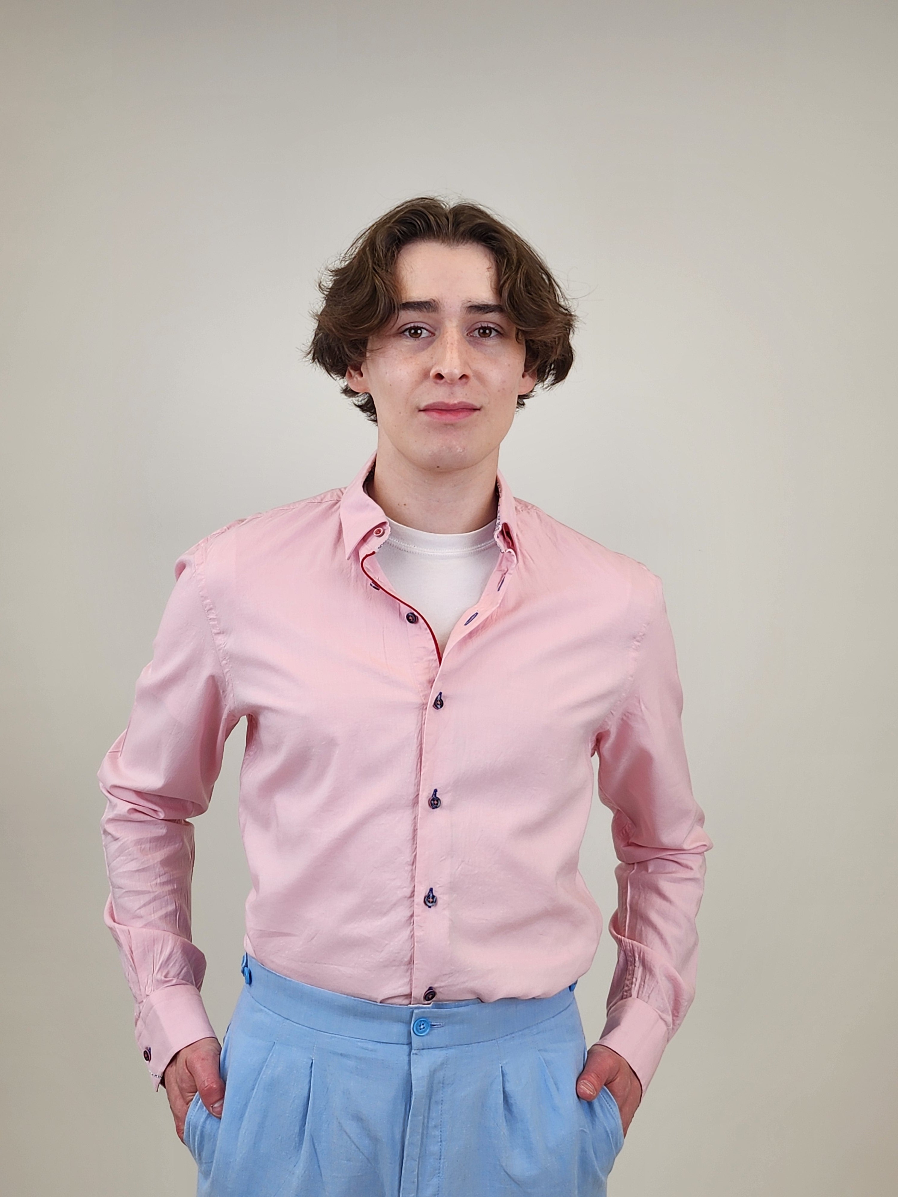 Brand Partner,R2 Amsterdam, R2 Amsterdam Pink Long Sleeve Button Up Shirt with Star Flower Contrast, Pink, Small-41-Tag39Medium-43-Tag41