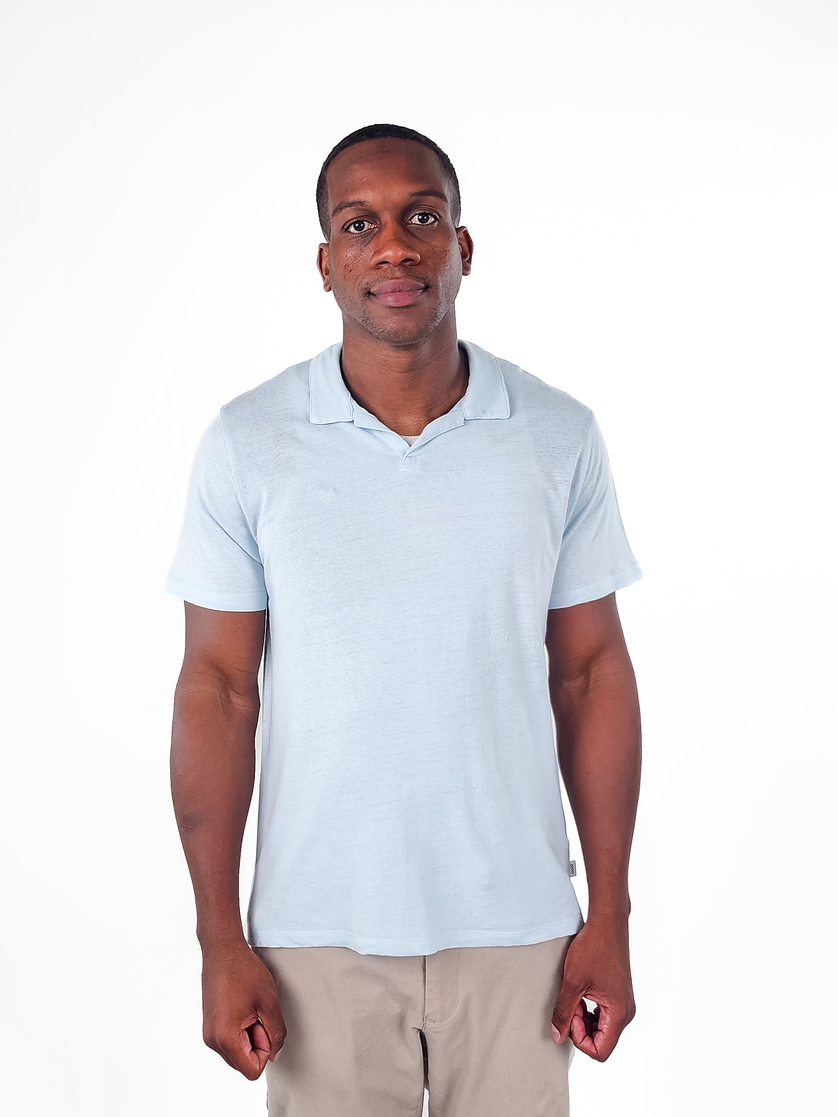Wholesale,Onia, Onia Light Blue Linen Blend Buttonless Short Sleeve Polo, Blue, Large-42-TagL