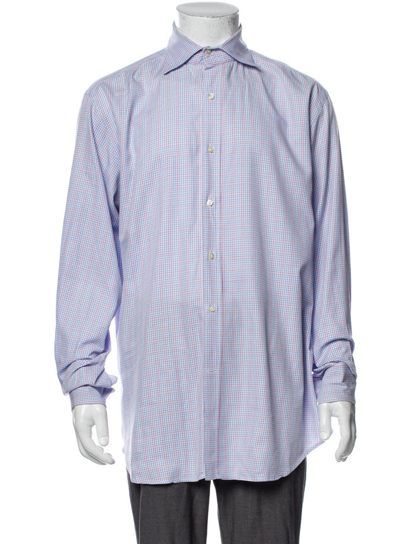 Etro Blue & Pink Micro Plaid Print Dress Shirt