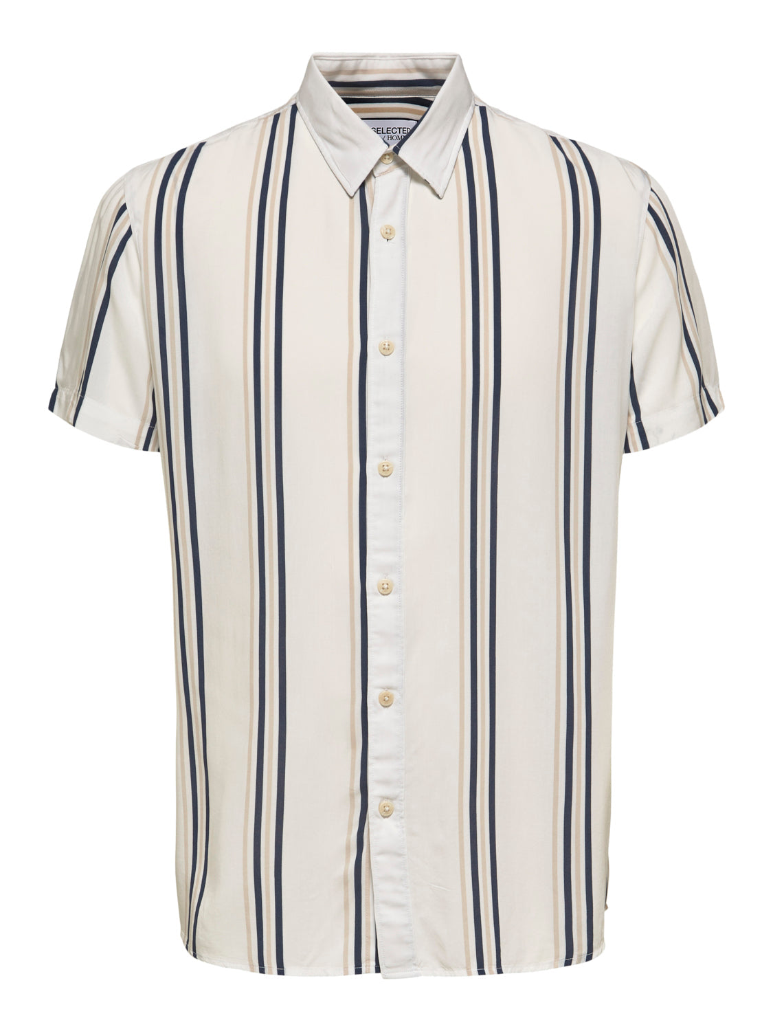 Wholesale ,Selected Homme, Selected Homme White With Navy And Beige Vertical Double Stripe Short Sleeve Button Up Shirt, White, Large-46-TagL