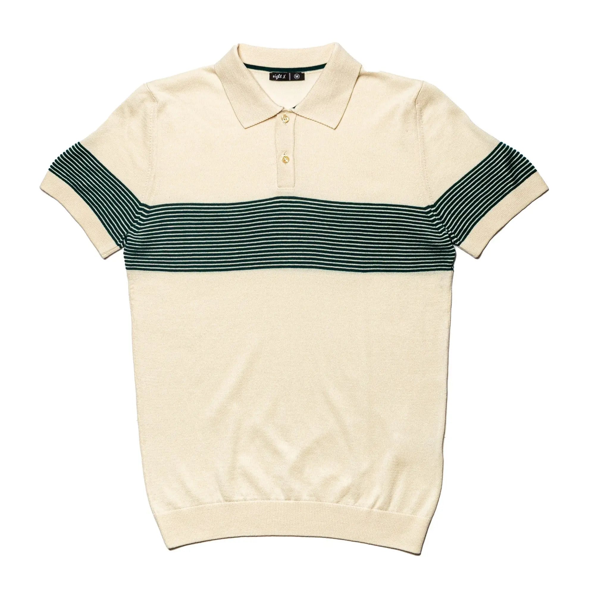 Faire,Eight X, Eight X Cream Green Striped Chest Print Knit Polo, Cream, Large-43-TagL